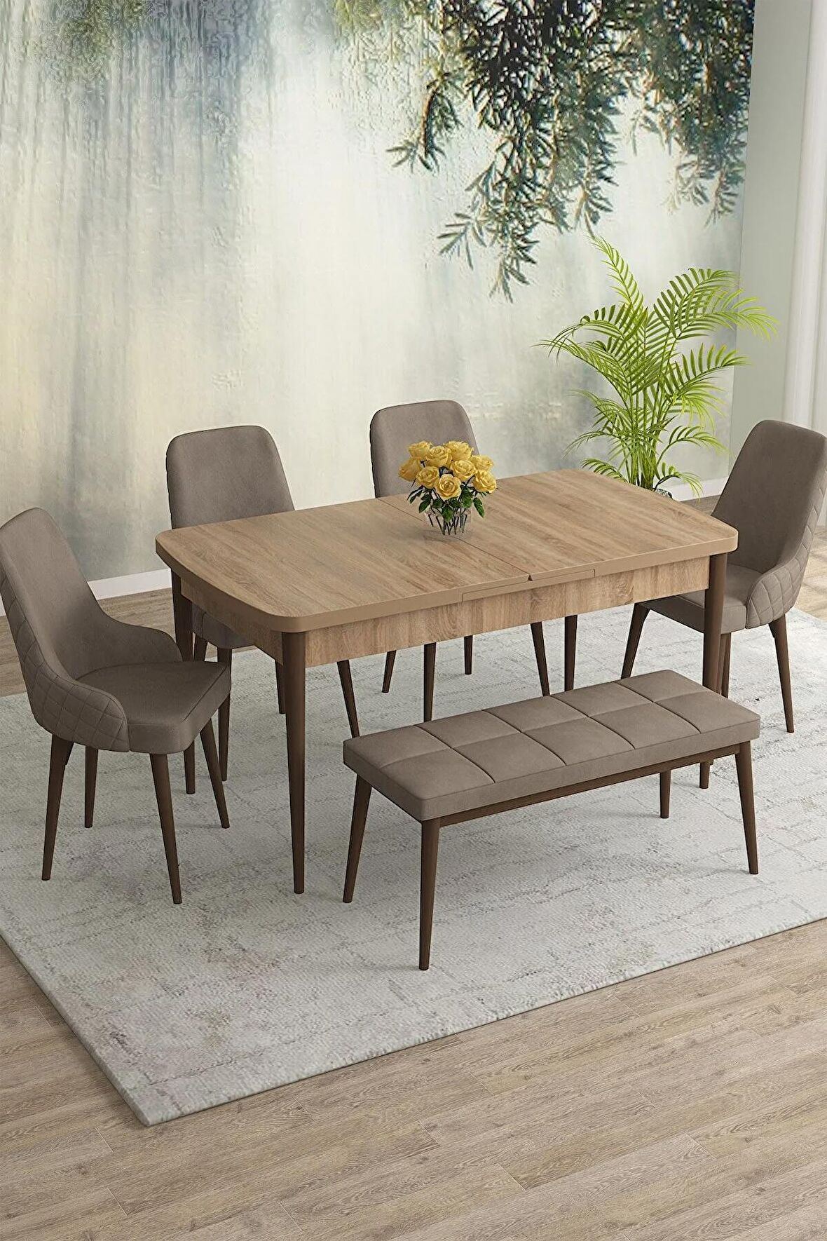 Rovena Eylül Meşe 80x132 Açılabilir Mdf Mutfak Masası Takımı 4 Adet Sandalye+1 Bench