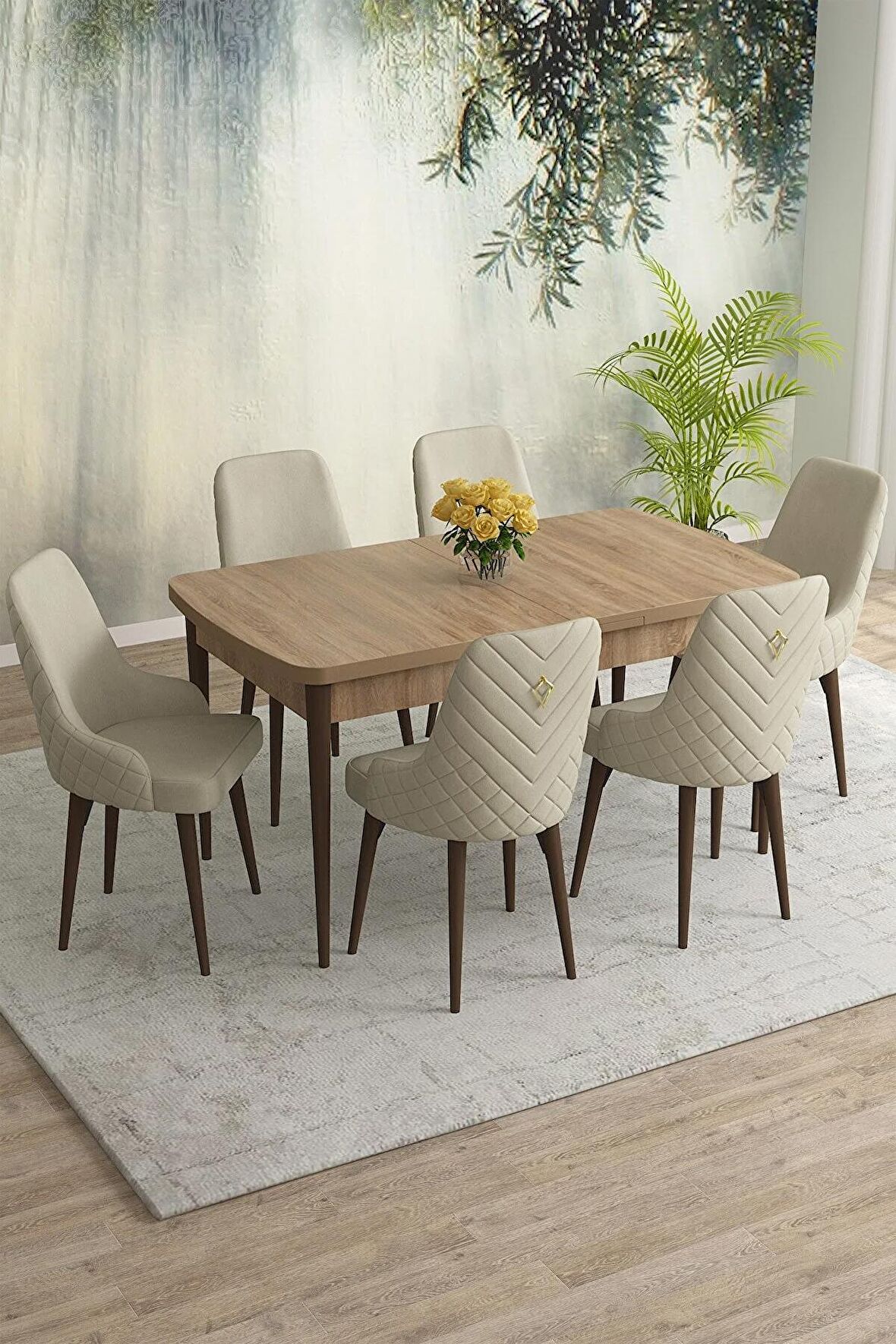 Rovena Eylül Meşe 80x132 Açılabilir Mdf Mutfak Masası Takımı 6 Adet Sandalye