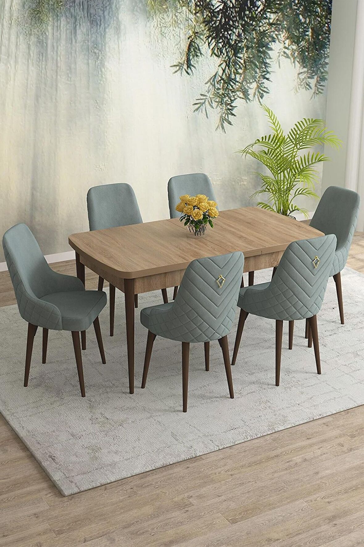 Rovena Eylül Meşe 80x132 Açılabilir Mdf Mutfak Masası Takımı 6 Adet Sandalye