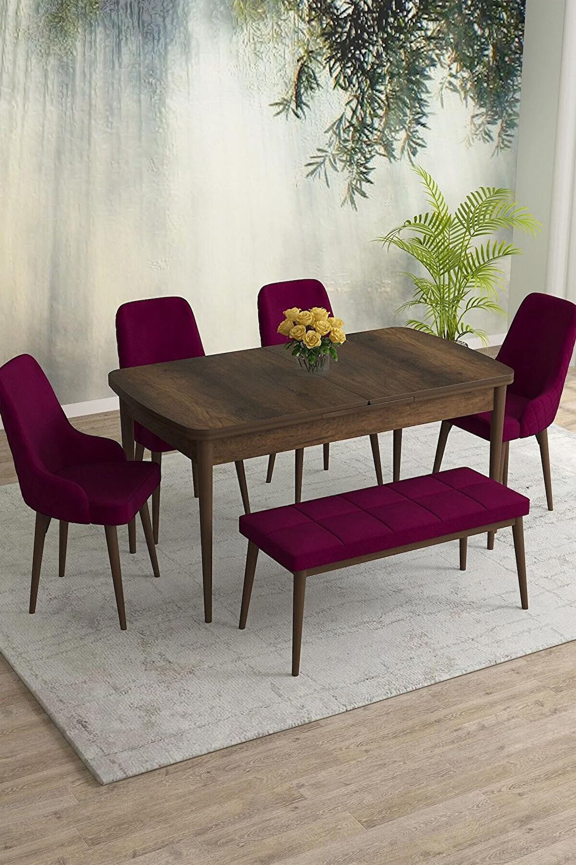 Rovena Eylül Barok 80x132 Açılabilir Mdf Mutfak Masası Takımı 4 Adet Sandalye+1 Bench