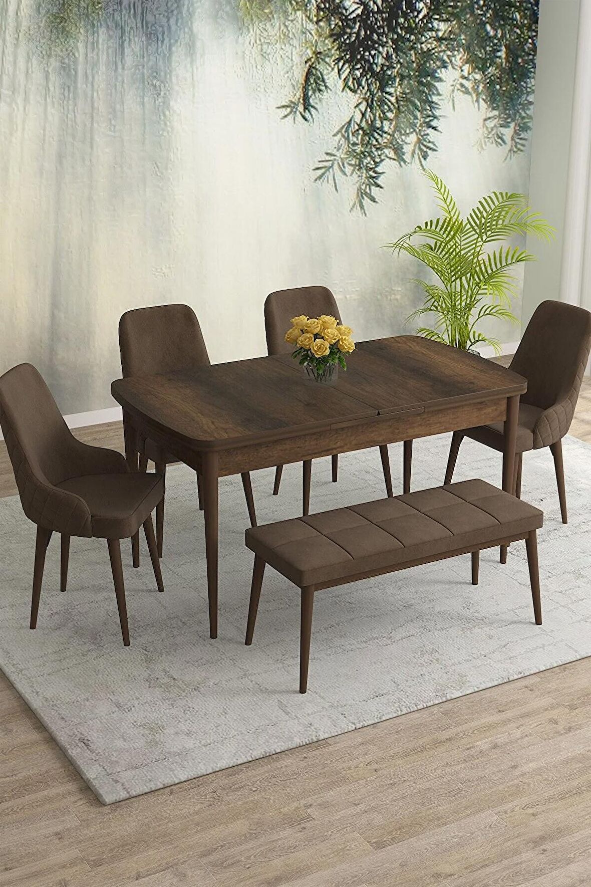 Rovena Eylül Barok 80x132 Açılabilir Mdf Mutfak Masası Takımı 4 Adet Sandalye+1 Bench