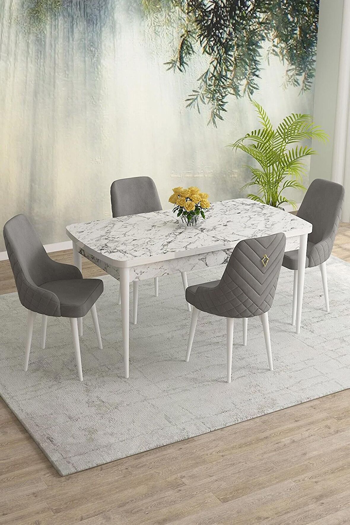 Rovena Eylül Beyaz Mermer 80x132 Açılabilir Mdf Mutfak Masası Takımı 4 Adet Sandalye