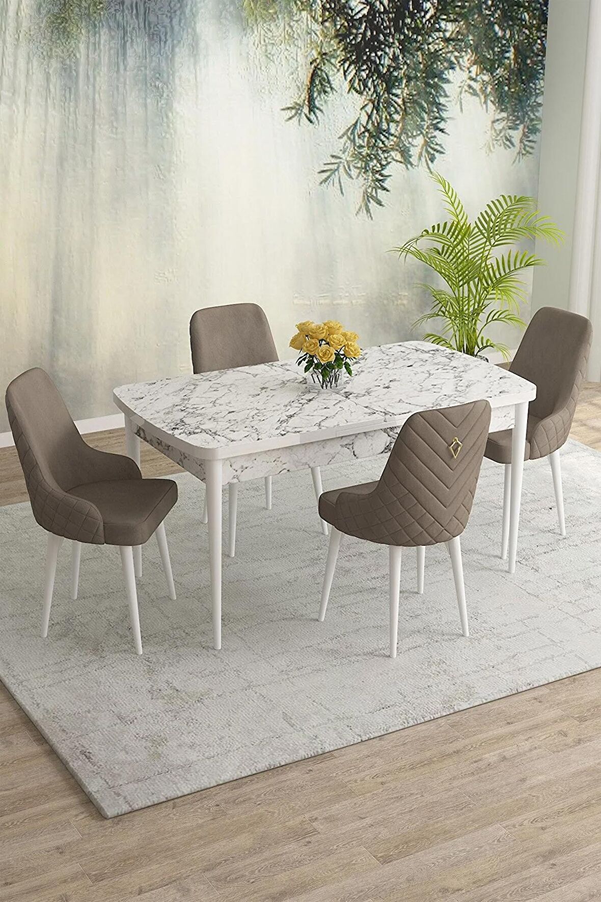 Rovena Eylül Beyaz Mermer 80x132 Açılabilir Mdf Mutfak Masası Takımı 4 Adet Sandalye