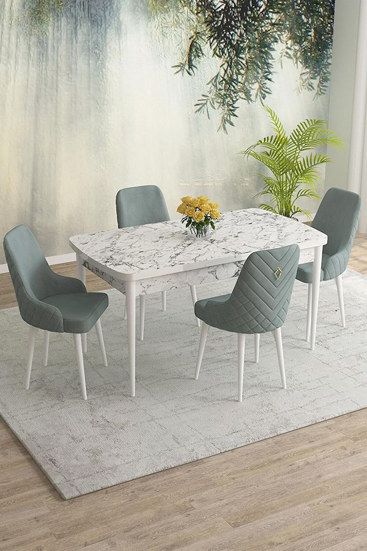 Rovena Eylül Beyaz Mermer 80x132 Açılabilir Mdf Mutfak Masası Takımı 4 Adet Sandalye