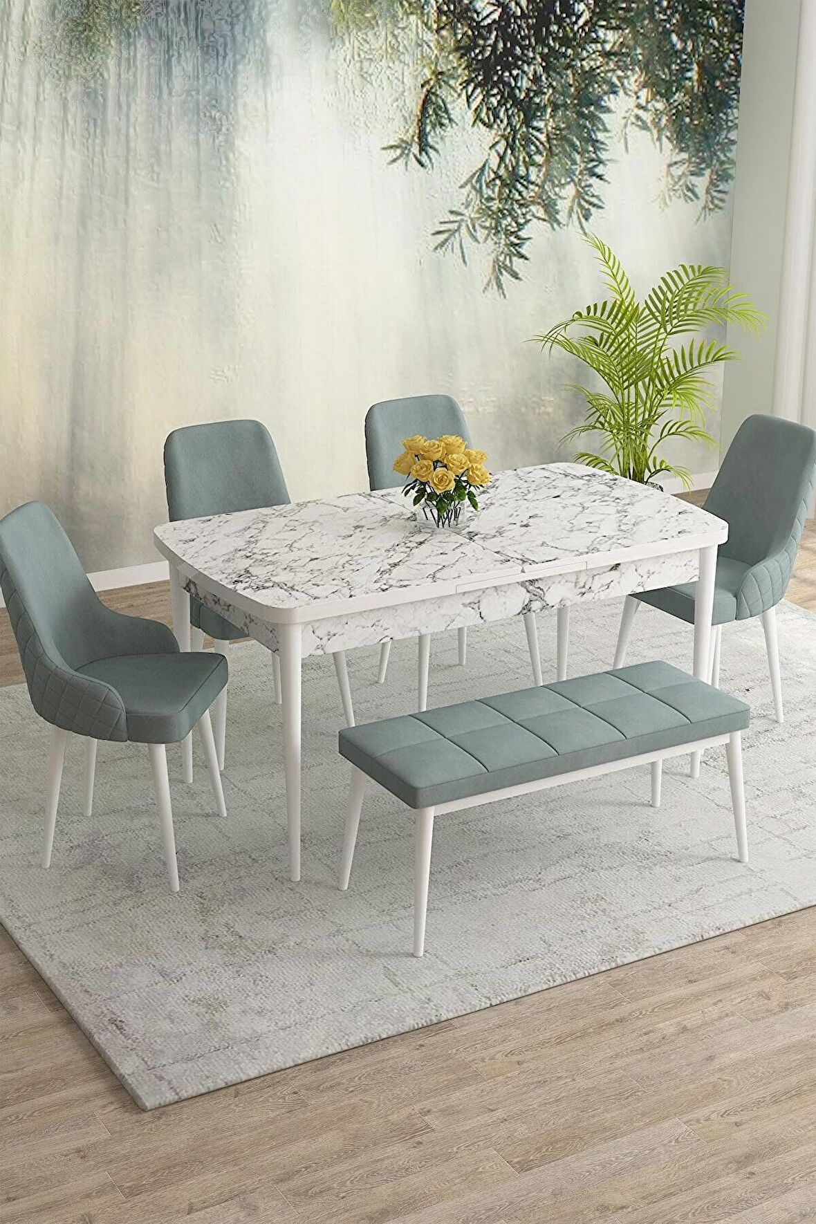 Rovena Eylül Beyaz Mermer 80x132 Açılabilir Mdf Mutfak Masası Takımı 4 Adet Sandalye+1 Bench