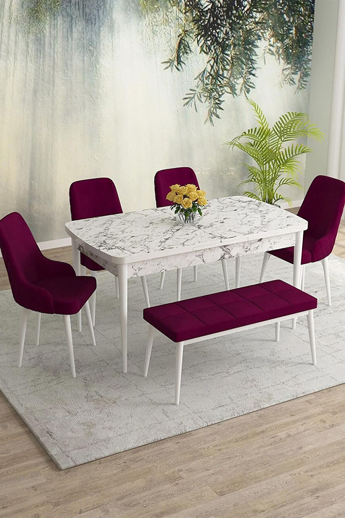 Rovena Eylül Beyaz Mermer 80x132 Açılabilir Mdf Mutfak Masası Takımı 4 Adet Sandalye+1 Bench