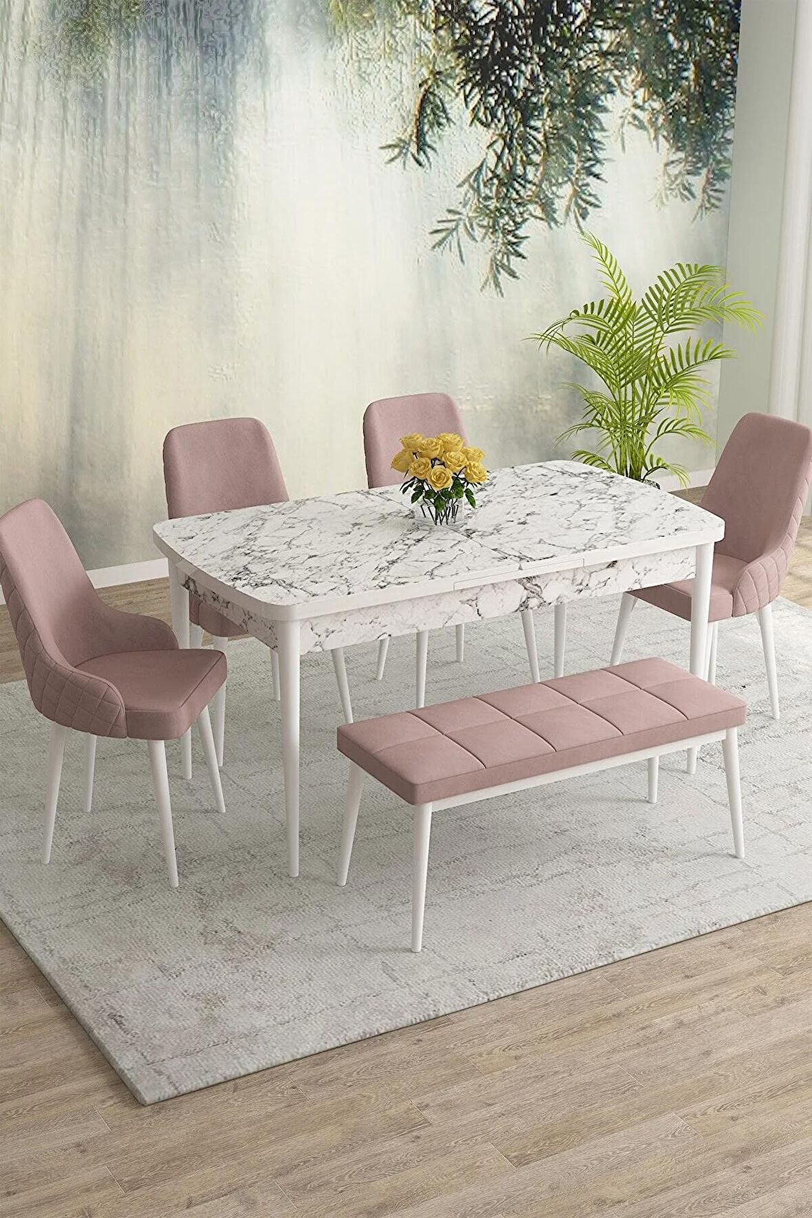 Rovena Eylül Beyaz Mermer 80x132 Açılabilir Mdf Mutfak Masası Takımı 4 Adet Sandalye+1 Bench