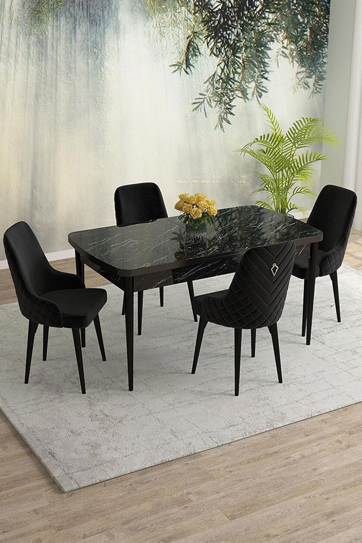 Rovena Eylül Siyah Mermer 80x132 Açılabilir Mdf Mutfak Masası Takımı 4 Adet Sandalye