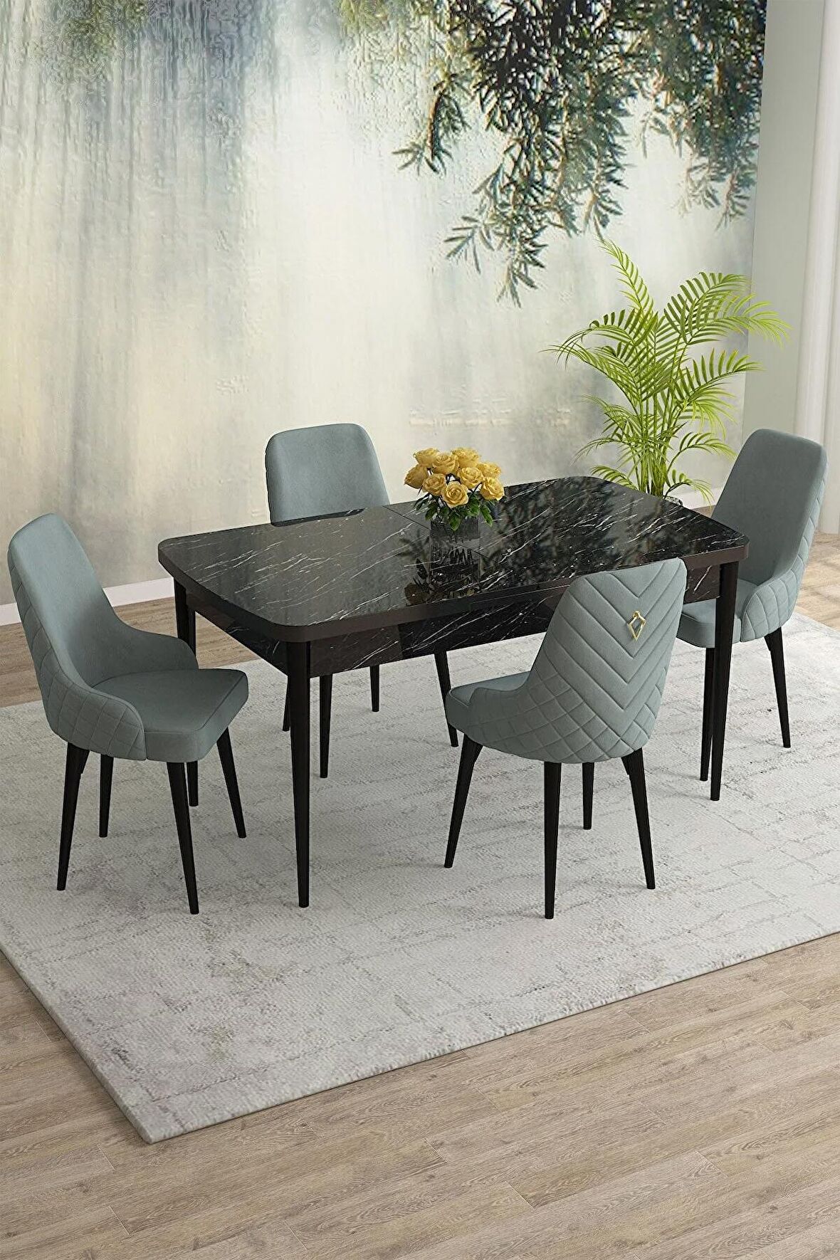 Rovena Eylül Siyah Mermer 80x132 Açılabilir Mdf Mutfak Masası Takımı 4 Adet Sandalye