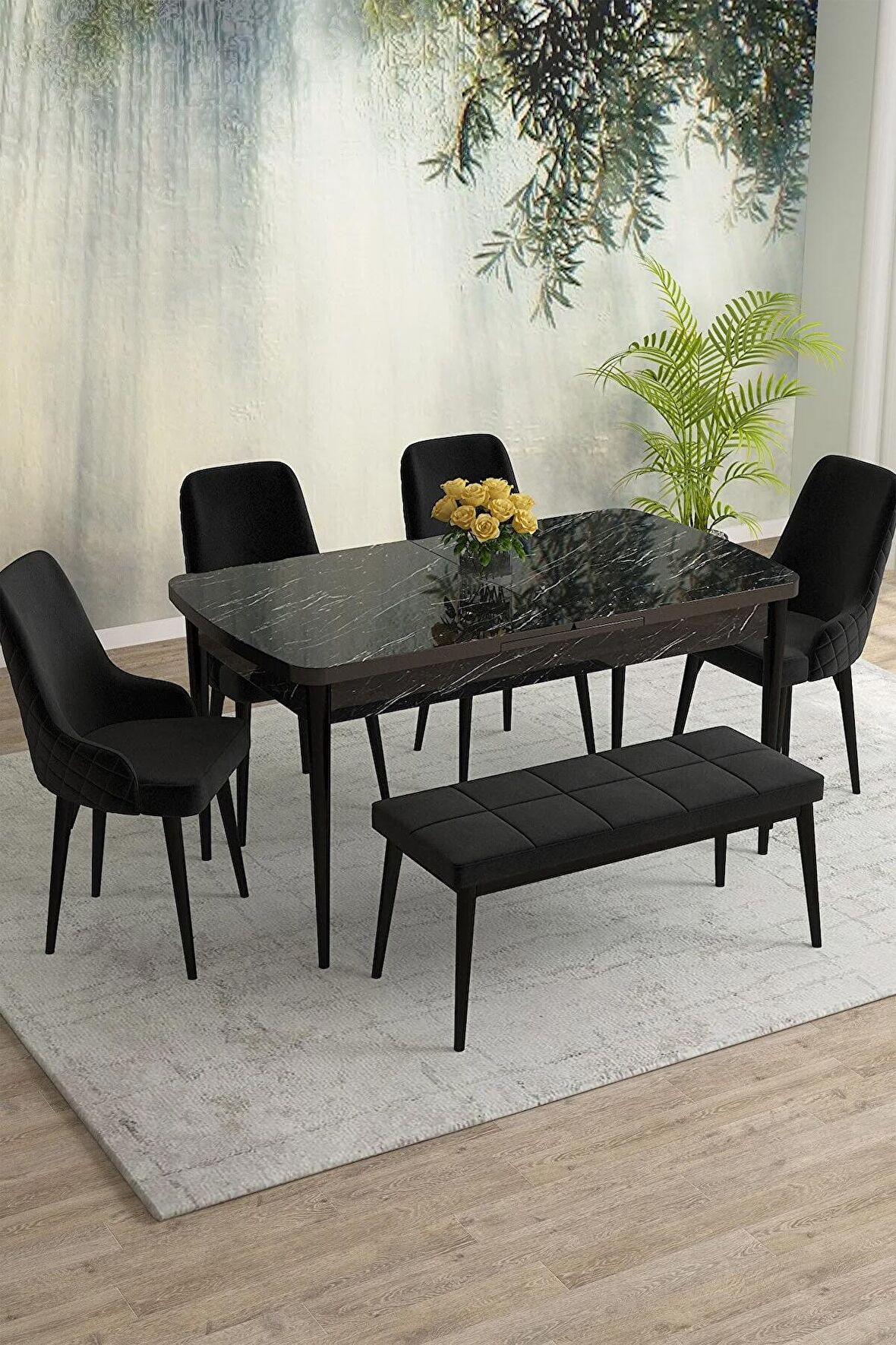 Rovena Eylül Siyah Mermer 80x132 Açılabilir Mdf Mutfak Masası Takımı 4 Adet Sandalye+1 Bench