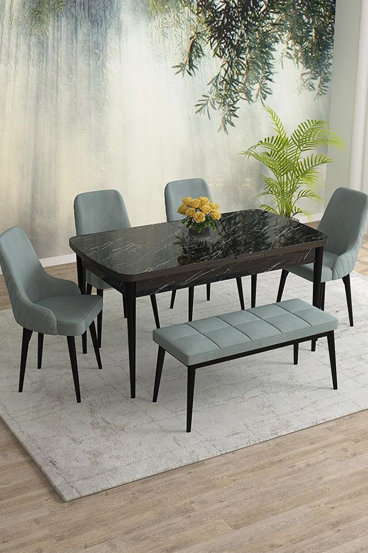 Rovena Eylül Siyah Mermer 80x132 Açılabilir Mdf Mutfak Masası Takımı 4 Adet Sandalye+1 Bench