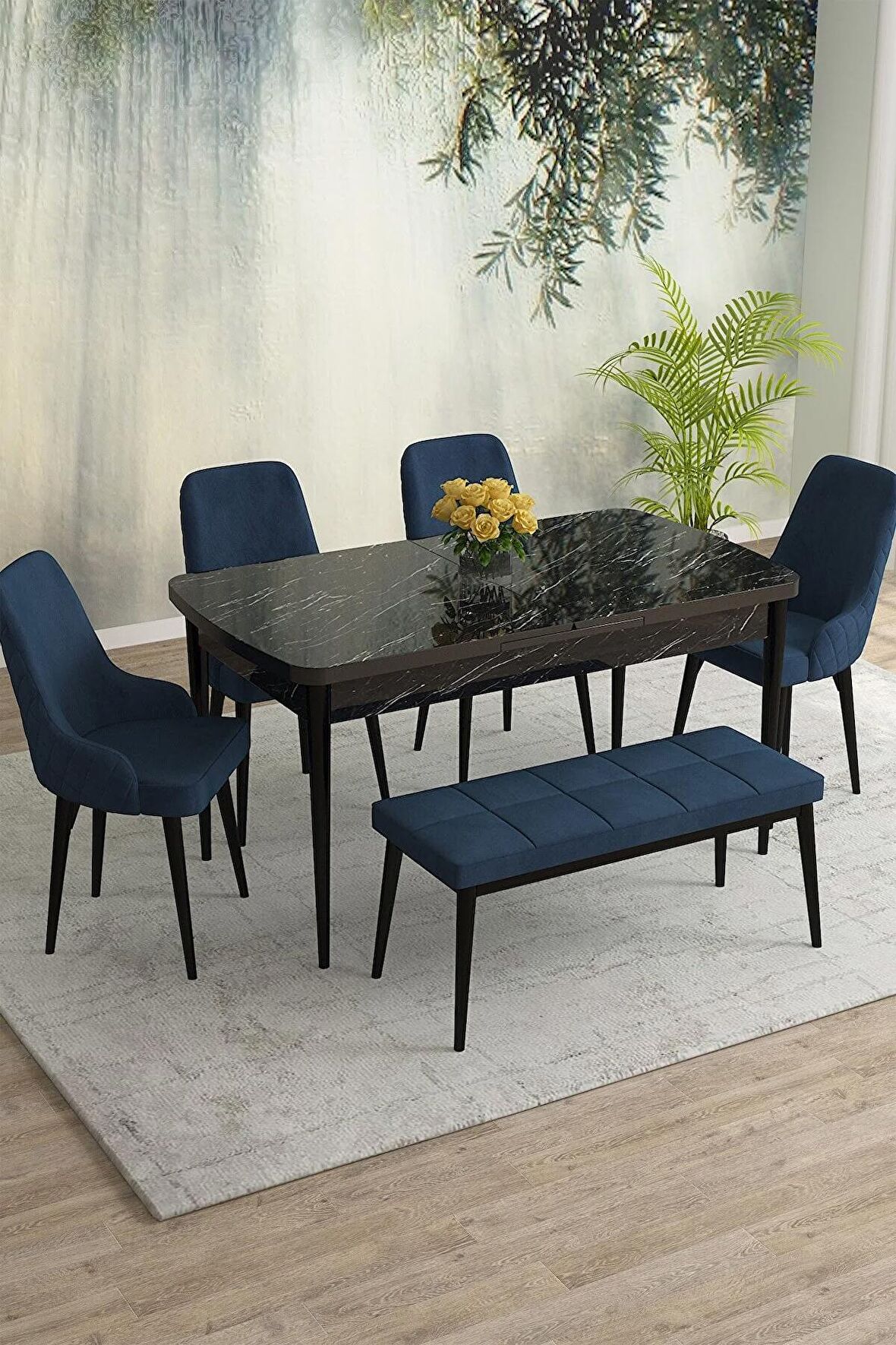 Rovena Eylül Siyah Mermer 80x132 Açılabilir Mdf Mutfak Masası Takımı 4 Adet Sandalye+1 Bench