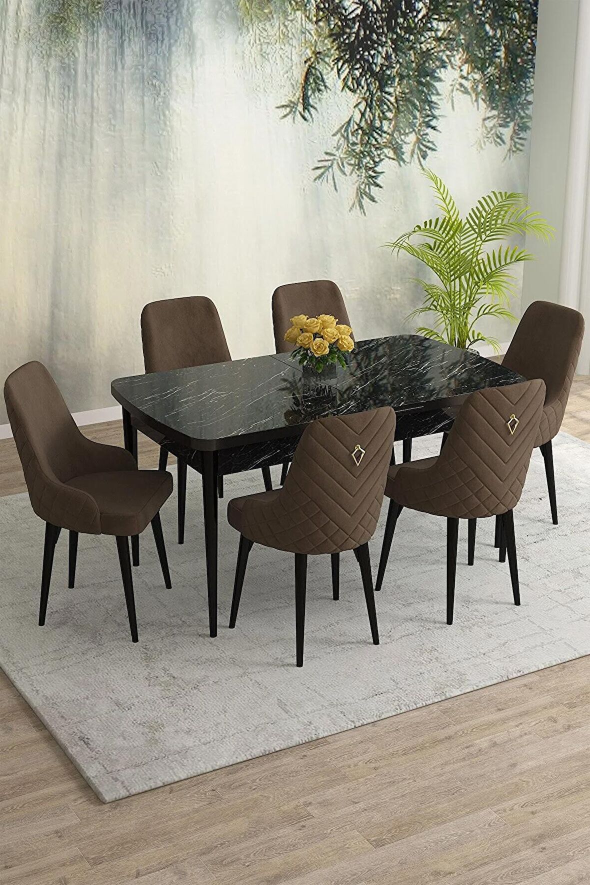 Rovena Eylül Siyah Mermer 80x132 Açılabilir Mdf Mutfak Masası Takımı 6 Adet Sandalye