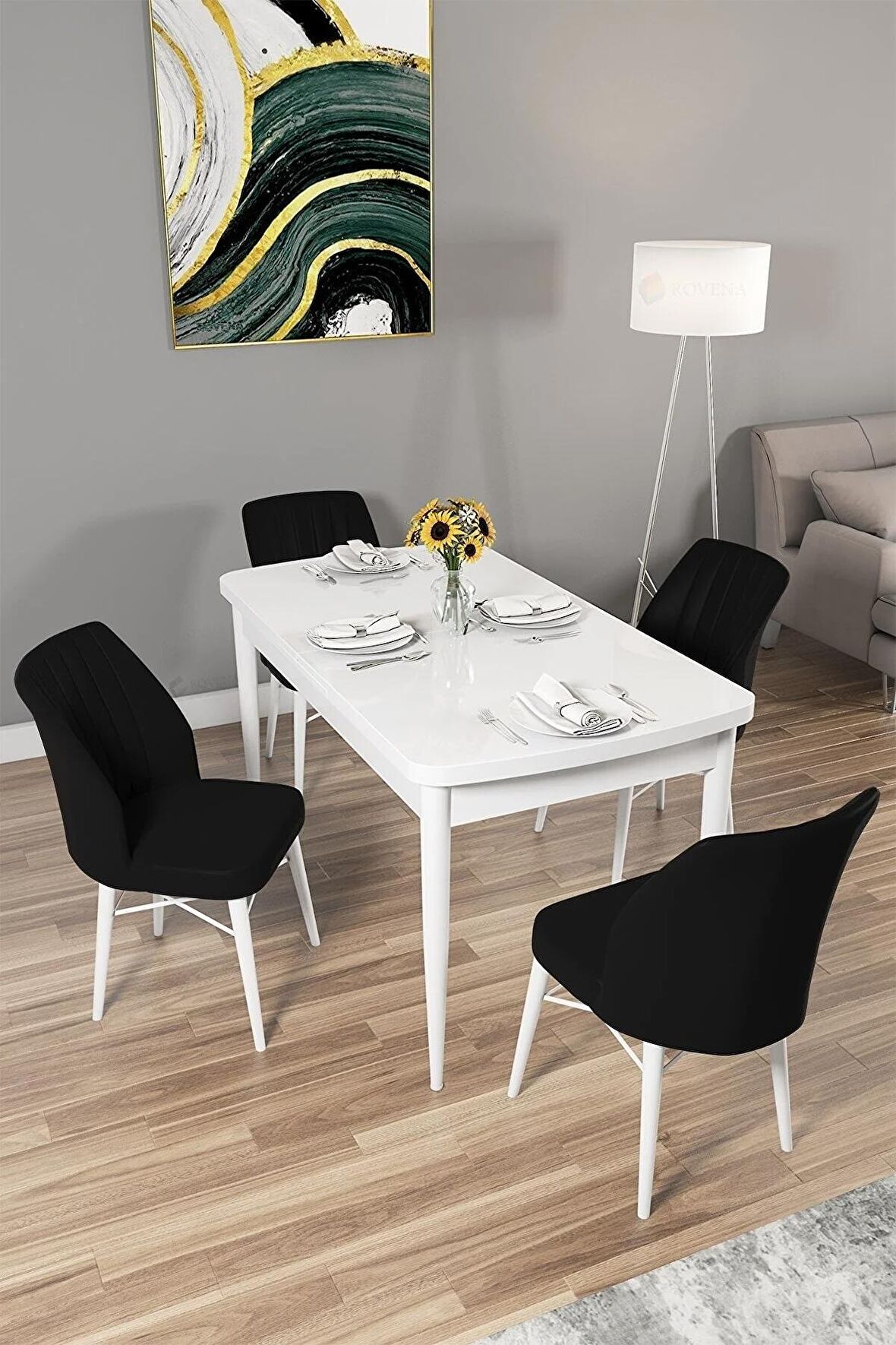 Rovena Arel Beyaz 80x132 Açılabilir Mdf Mutfak Masası Takımı 4 Adet Sandalye