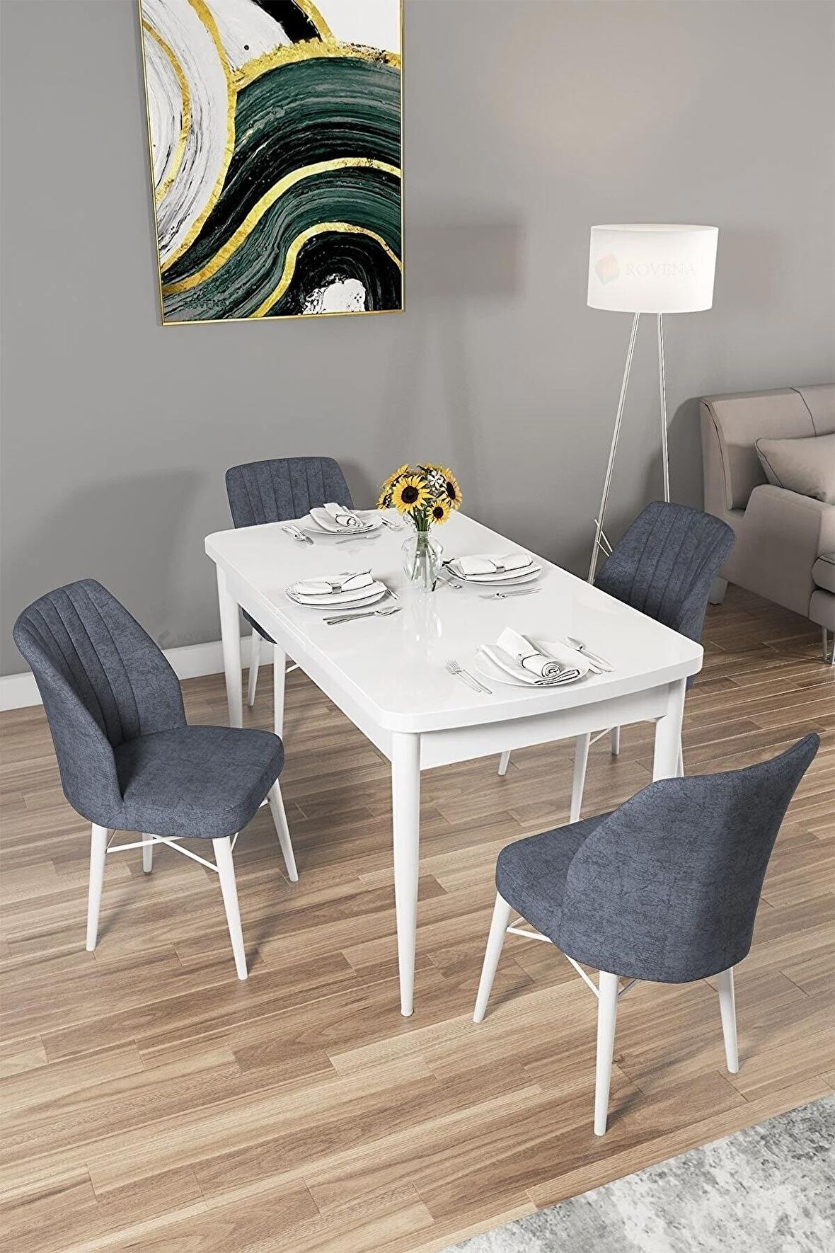 Rovena Arel Beyaz 80x132 Açılabilir Mdf Mutfak Masası Takımı 4 Adet Sandalye