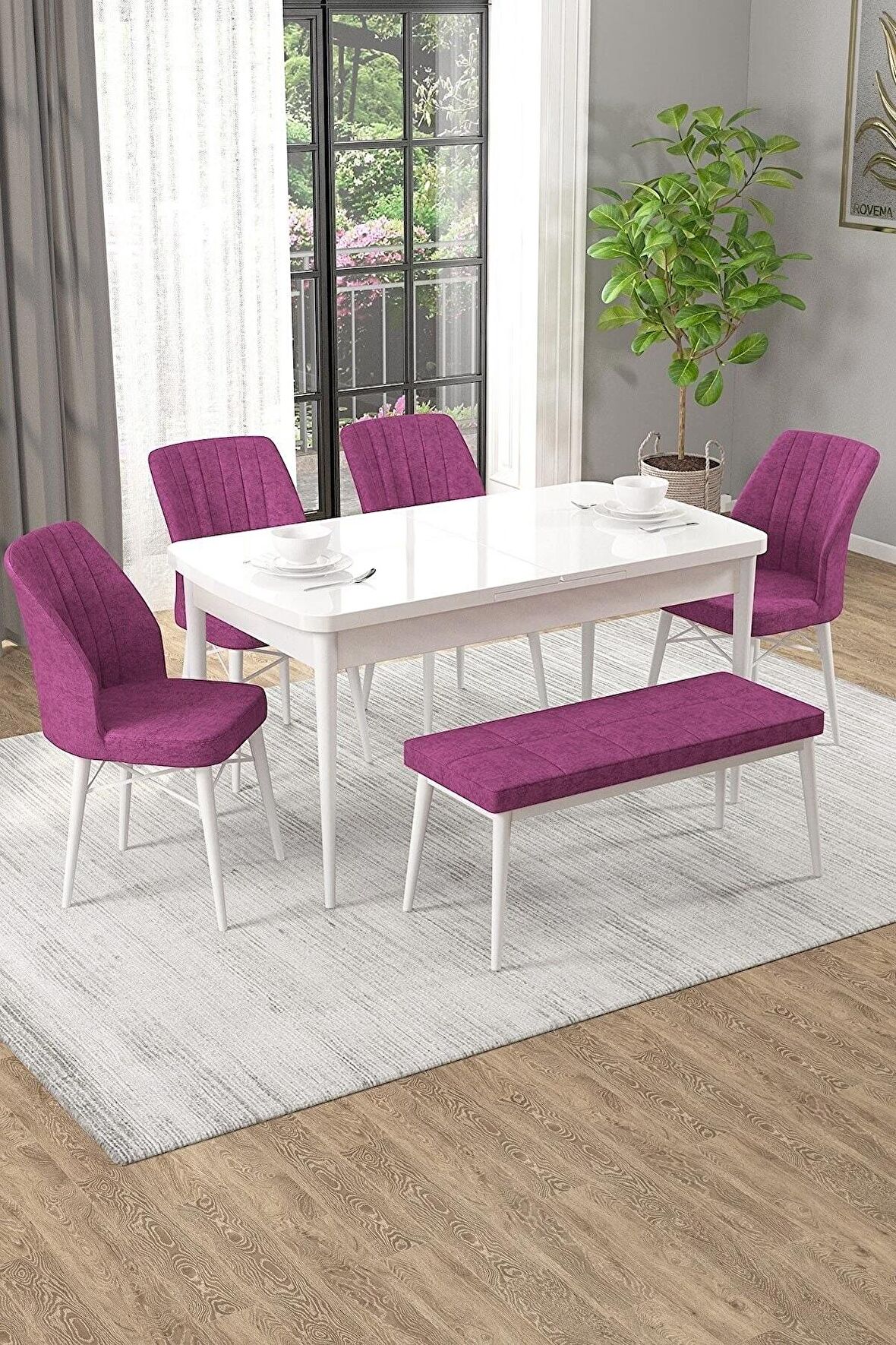 Rovena Arel Beyaz 80x132 Açılabilir Mdf Mutfak Masası Takımı 4 Adet Sandalye + 1 Bench
