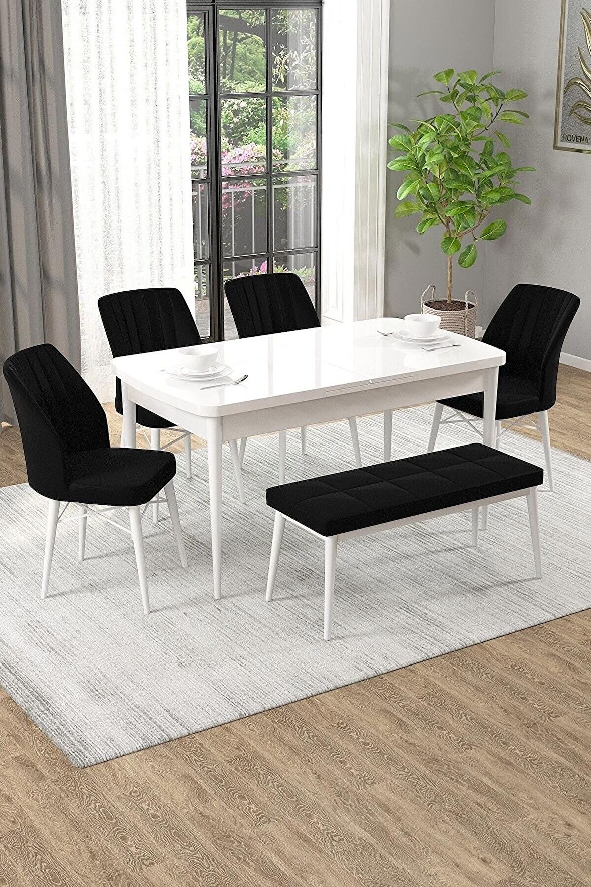 Rovena Arel Beyaz 80x132 Açılabilir Mdf Mutfak Masası Takımı 4 Adet Sandalye + 1 Bench