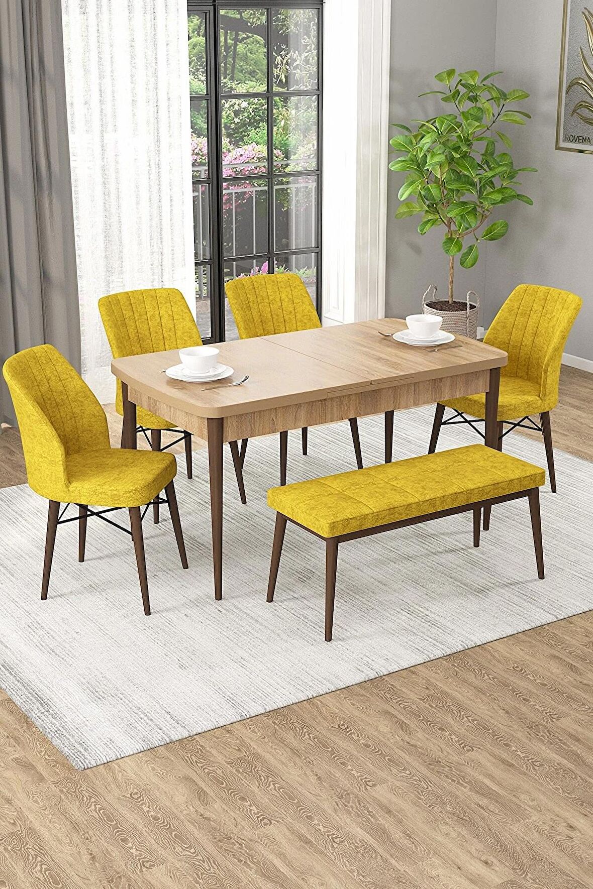 Rovena Arel Meşe 80x132 Açılabilir Mdf Mutfak Masası Takımı 4 Adet Sandalye + 1 Bench