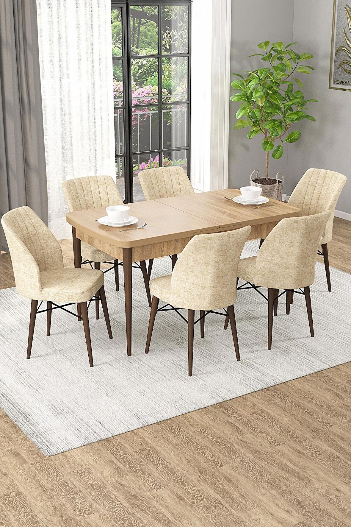 Rovena Arel Meşe 80x132 Açılabilir Mdf Mutfak Masası Takımı 6 Adet Sandalye