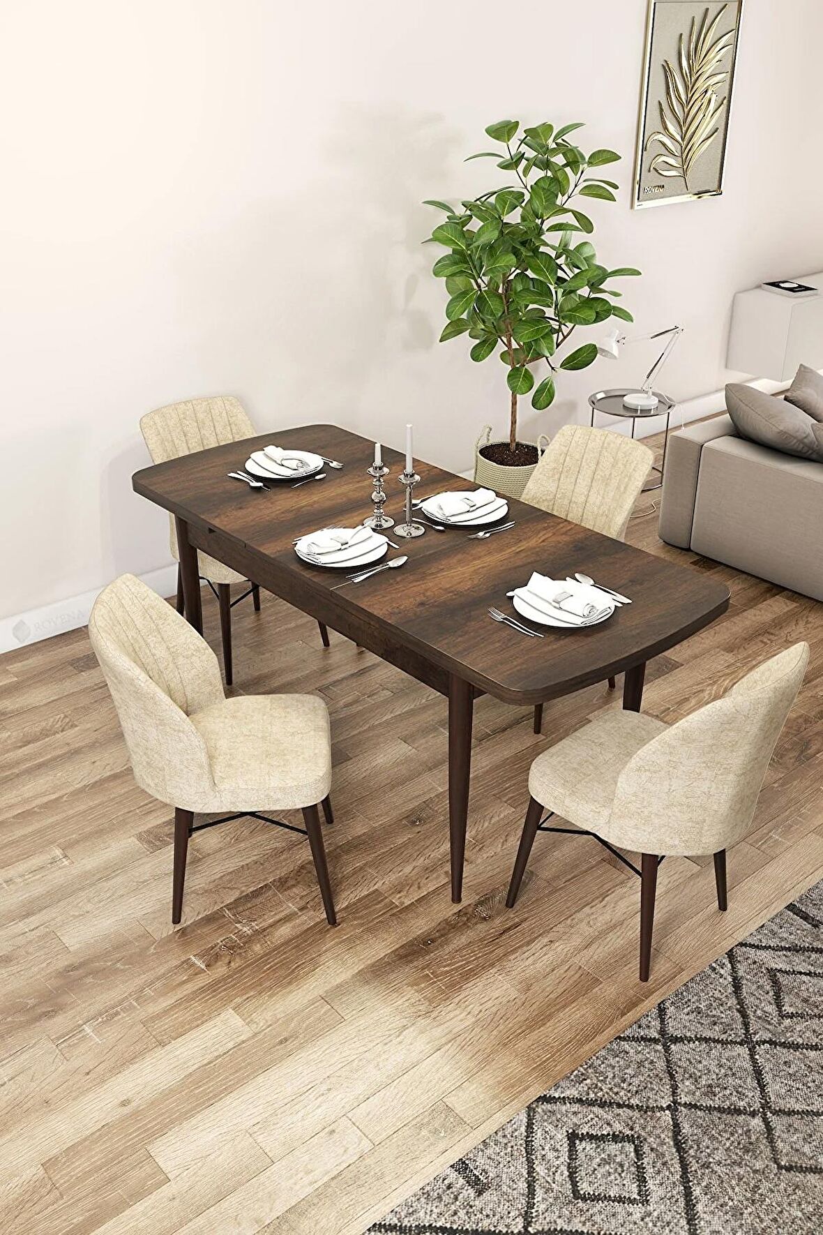 Rovena Arel Barok 80x132 Açılabilir Mdf Mutfak Masası Takımı 4 Adet Sandalye