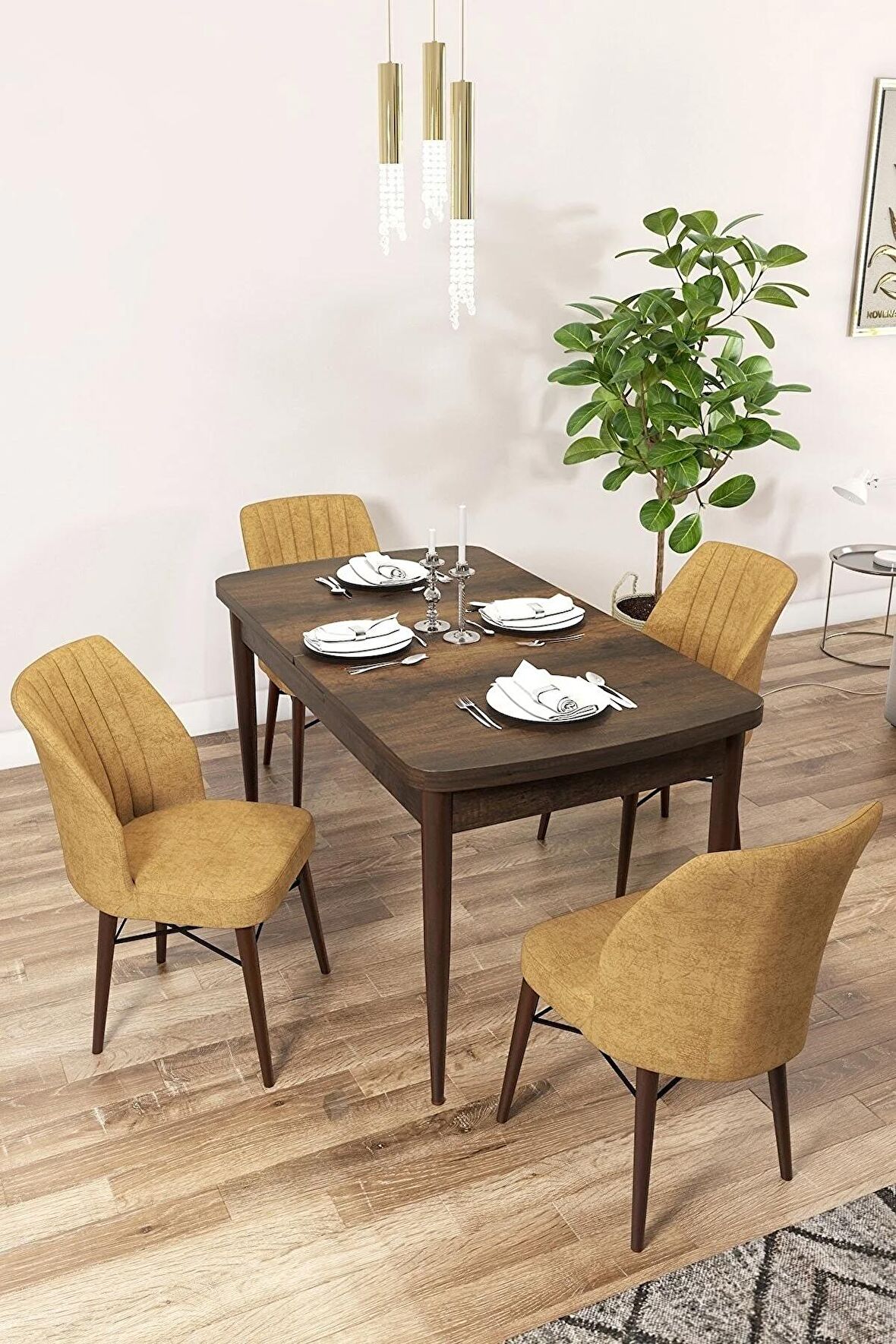 Rovena Arel Barok 80x132 Açılabilir Mdf Mutfak Masası Takımı 4 Adet Sandalye