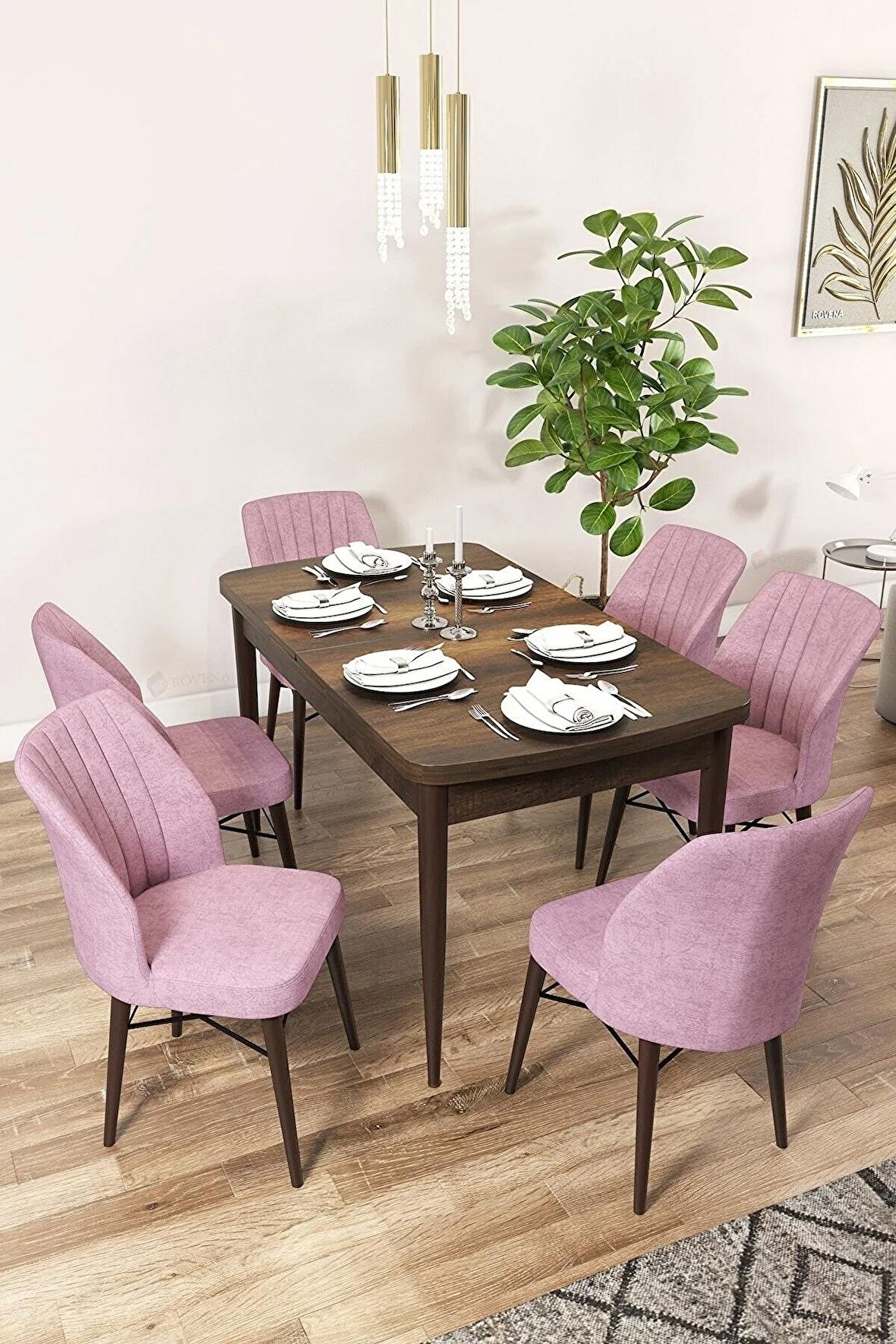 Rovena Arel Barok 80x132 Açılabilir Mdf Mutfak Masası Takımı 6 Adet Sandalye