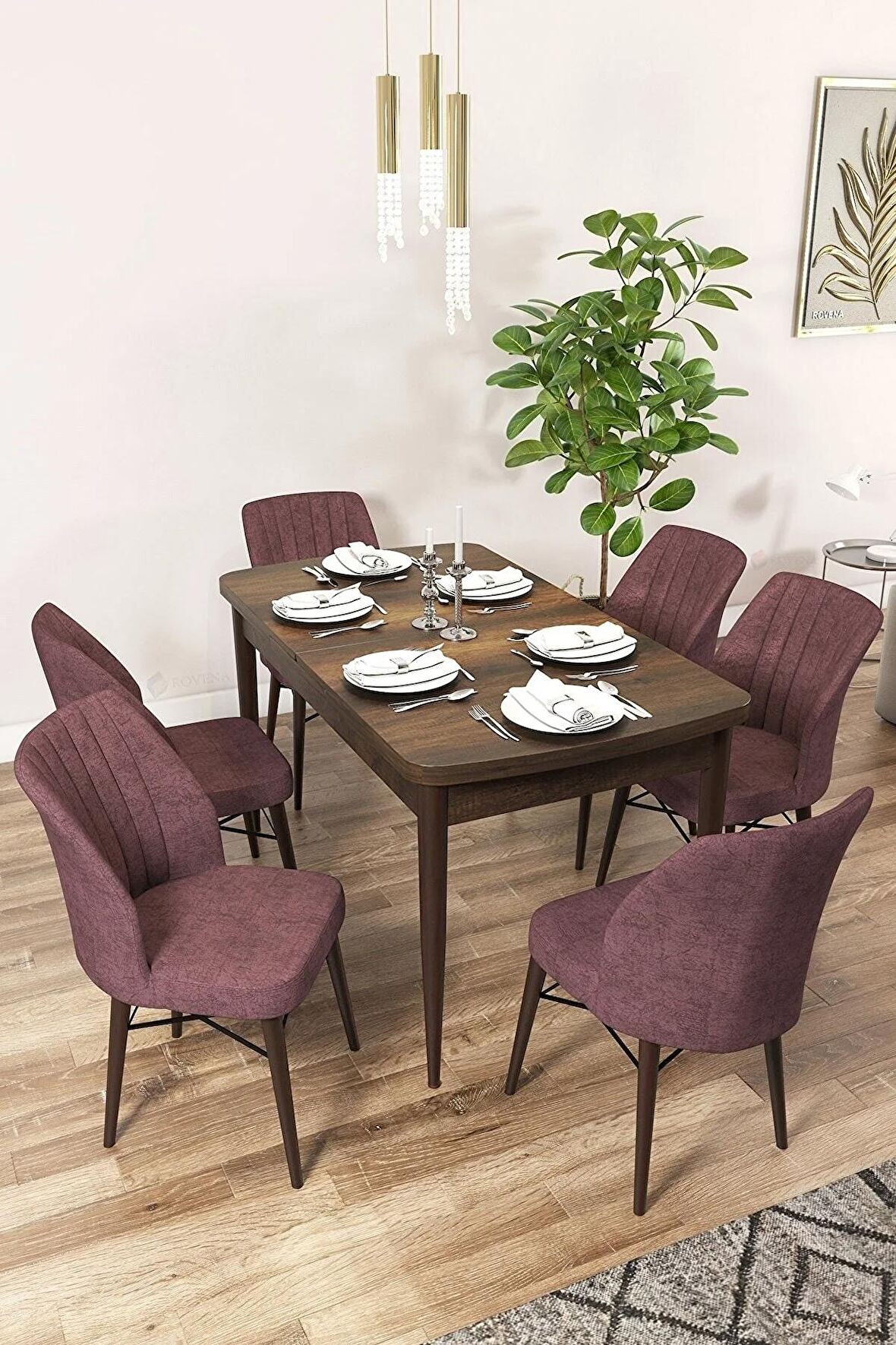 Rovena Arel Barok 80x132 Açılabilir Mdf Mutfak Masası Takımı 6 Adet Sandalye