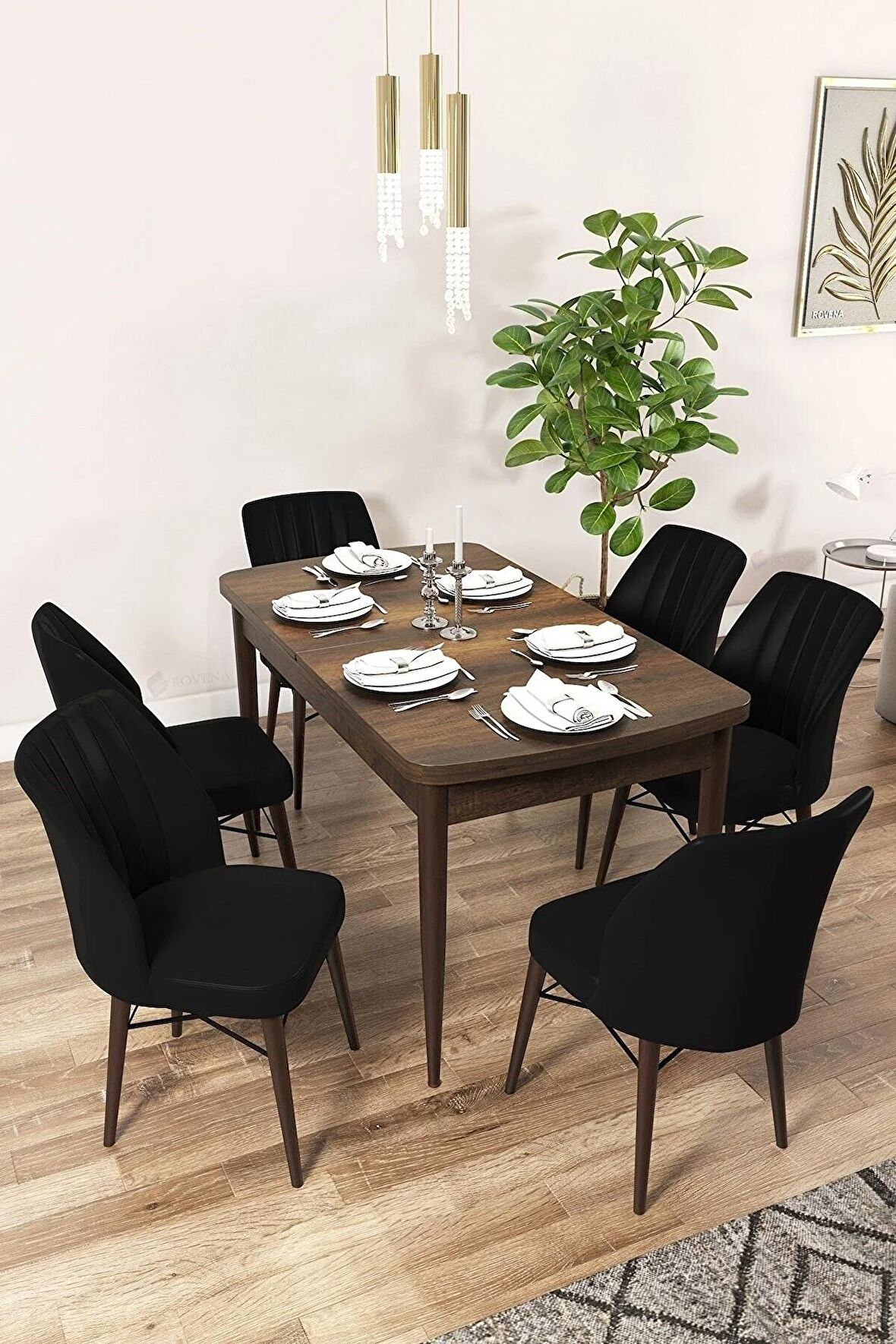 Rovena Arel Barok 80x132 Açılabilir Mdf Mutfak Masası Takımı 6 Adet Sandalye