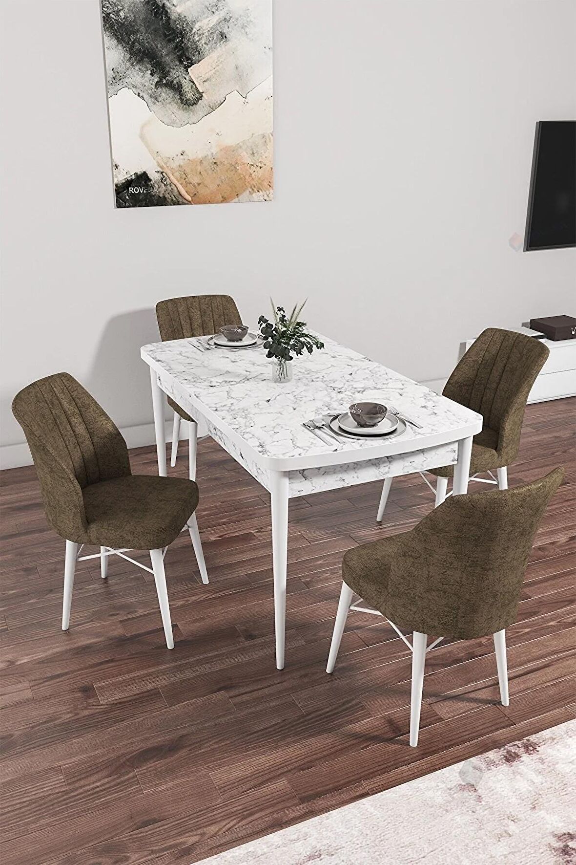 Rovena Arel Beyaz Mermer 80x132 Açılabilir Mdf Mutfak Masası Takımı 4 Adet Sandalye