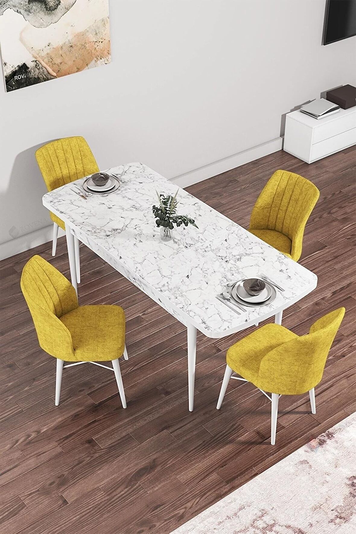 Rovena Arel Beyaz Mermer 80x132 Açılabilir Mdf Mutfak Masası Takımı 4 Adet Sandalye