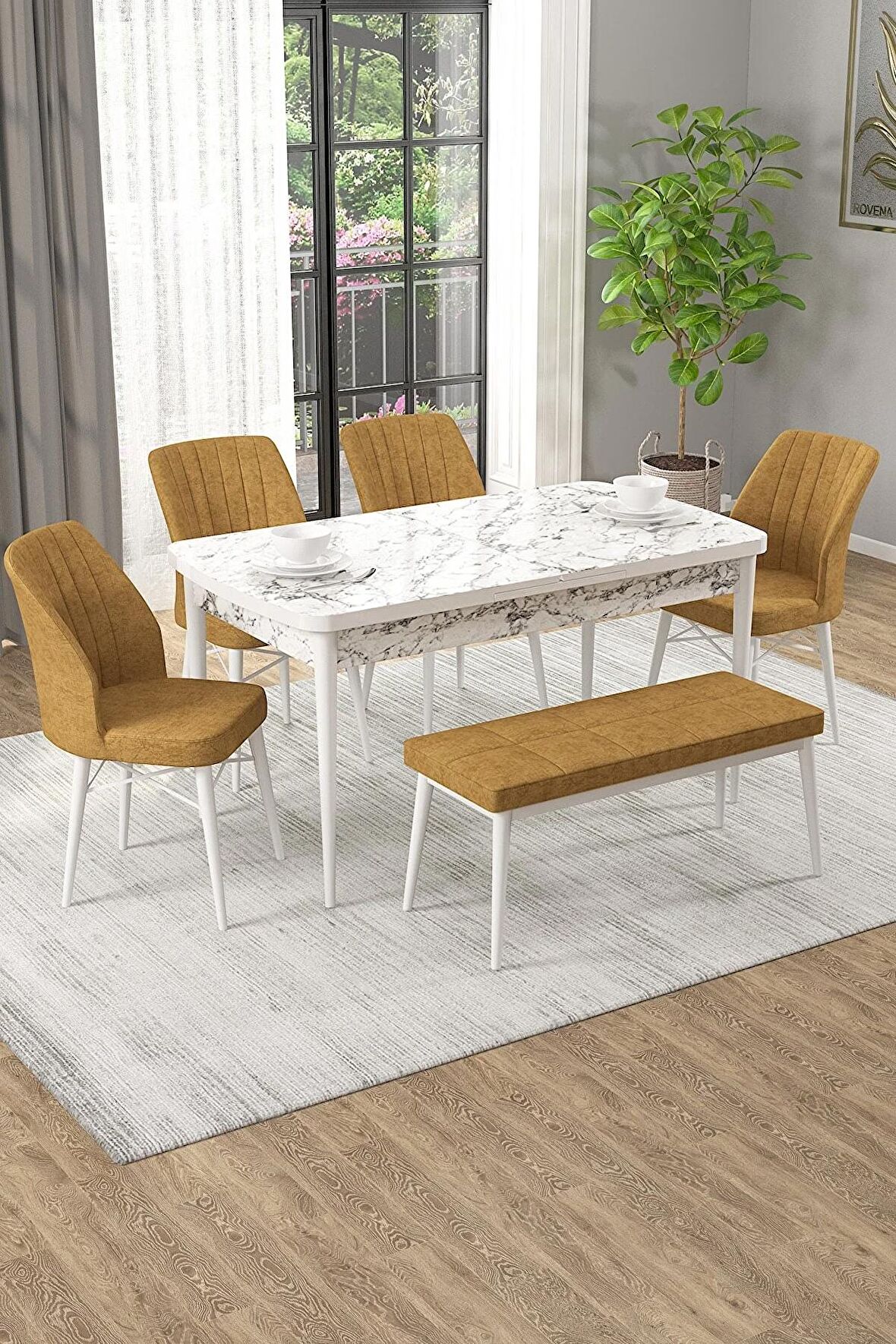 Rovena Arel Beyaz Mermer 80x132 Açılabilir Mdf Mutfak Masası Takımı 4 Adet Sandalye + 1 Bench
