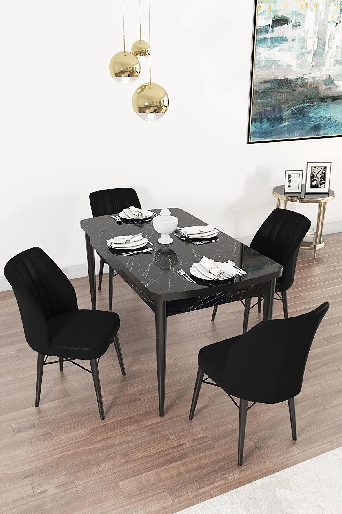 Rovena Arel Siyah Mermer 80x132 Açılabilir Mdf Mutfak Masası Takımı 4 Adet Sandalye