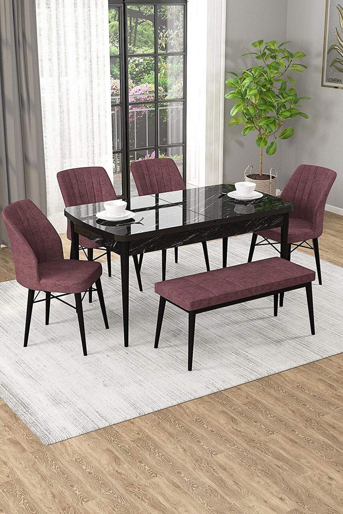 Rovena Arel Siyah Mermer 80x132 Açılabilir Mdf Mutfak Masası Takımı 4 Adet Sandalye + 1 Bench
