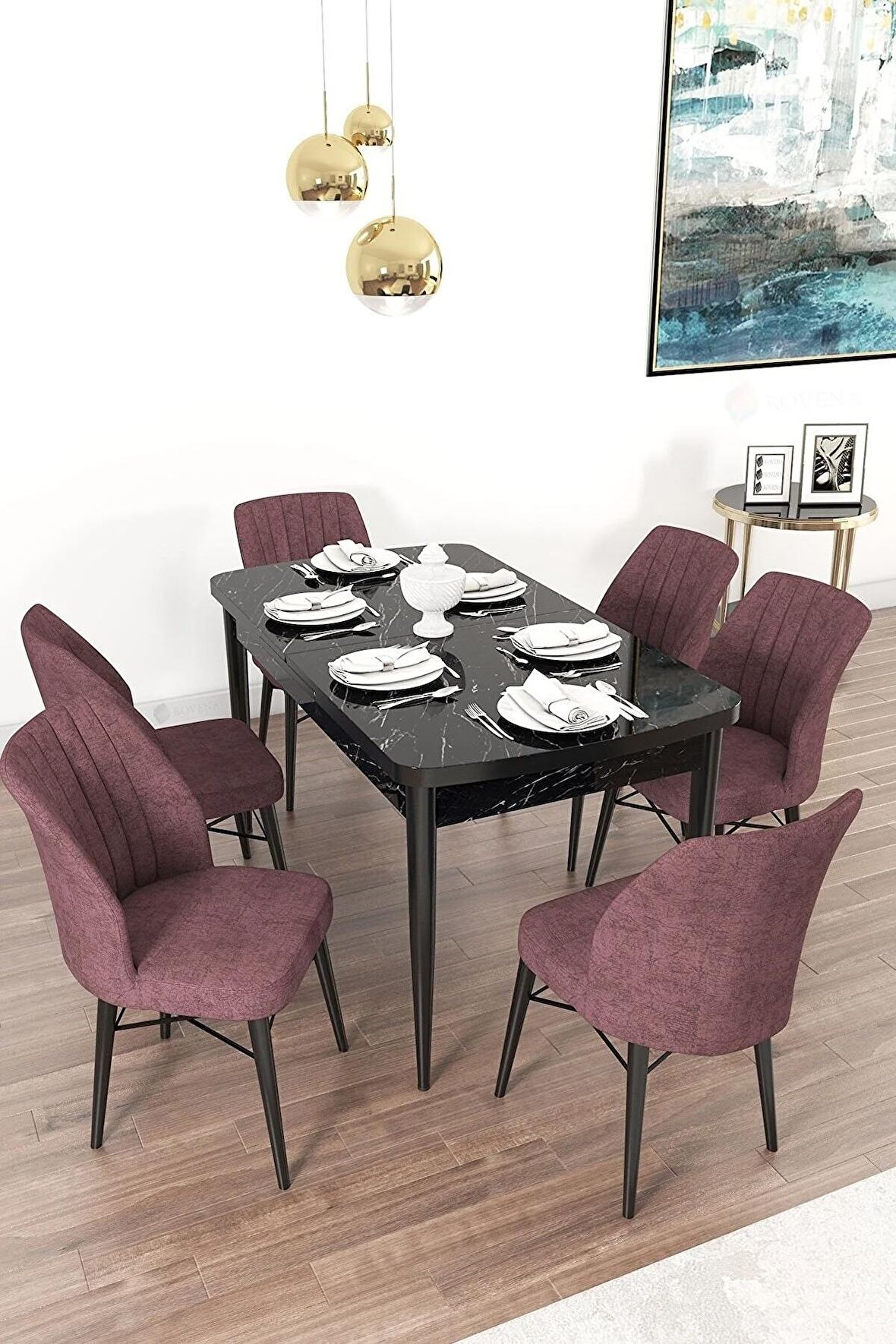 Rovena Arel Siyah Mermer 80x132 Açılabilir Mdf Mutfak Masası Takımı 6 Adet Sandalye