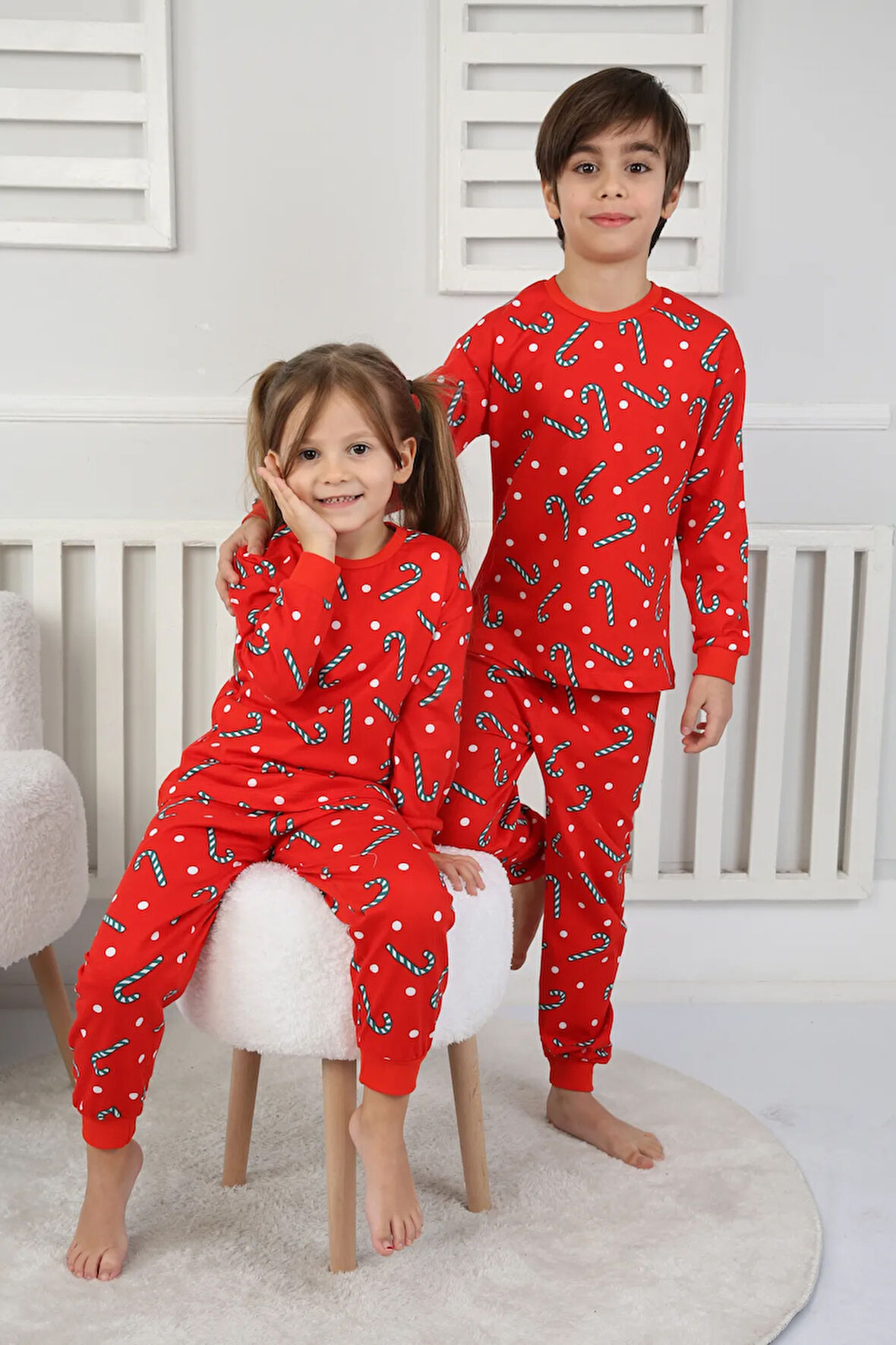 Yılbaşı Temalı Baston Şeker Desenli %100 Pamuk Unisex Pijama Takımı