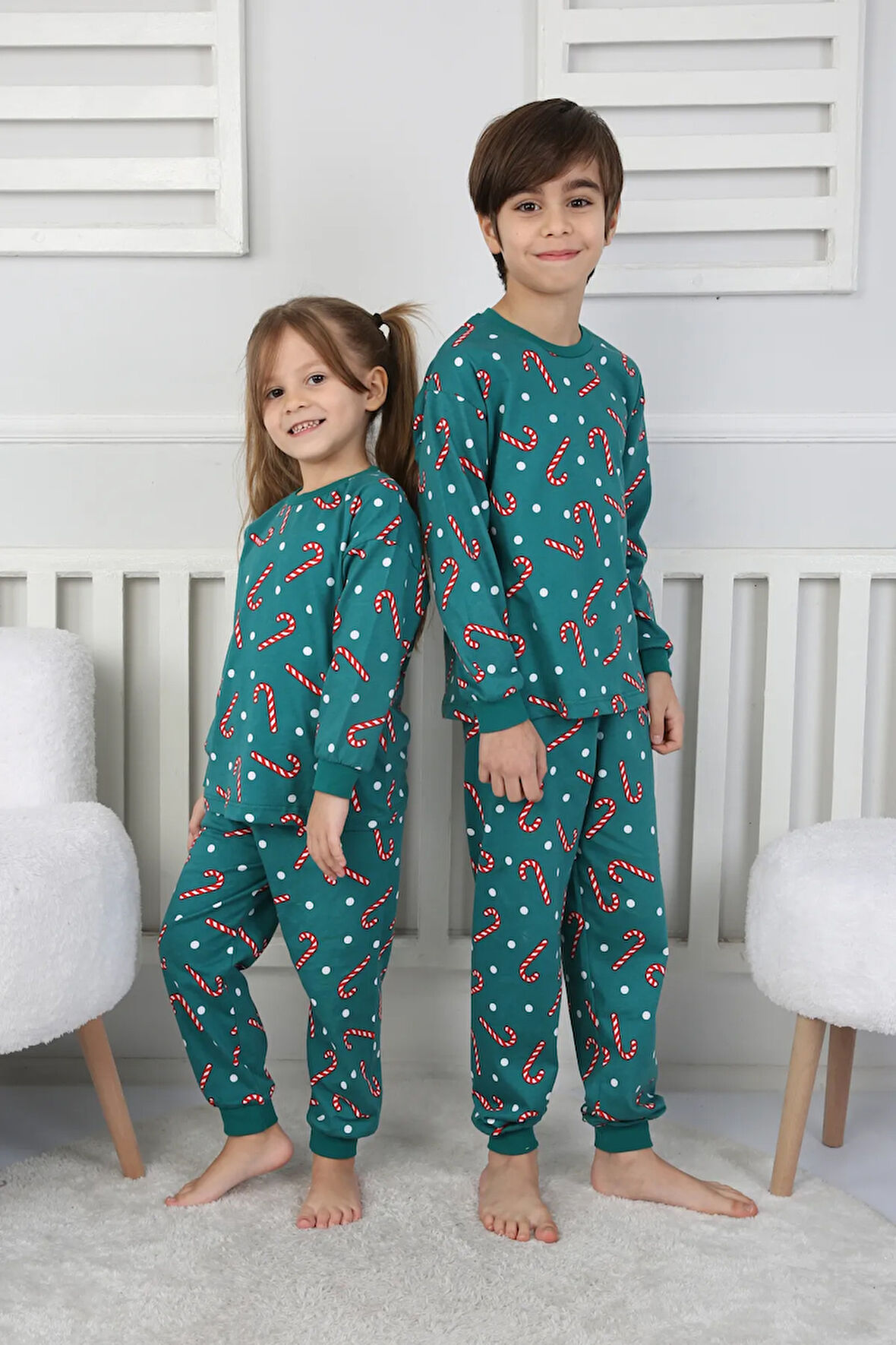 Yılbaşı Temalı Baston Şeker Desenli %100 Pamuk Unisex Pijama Takımı