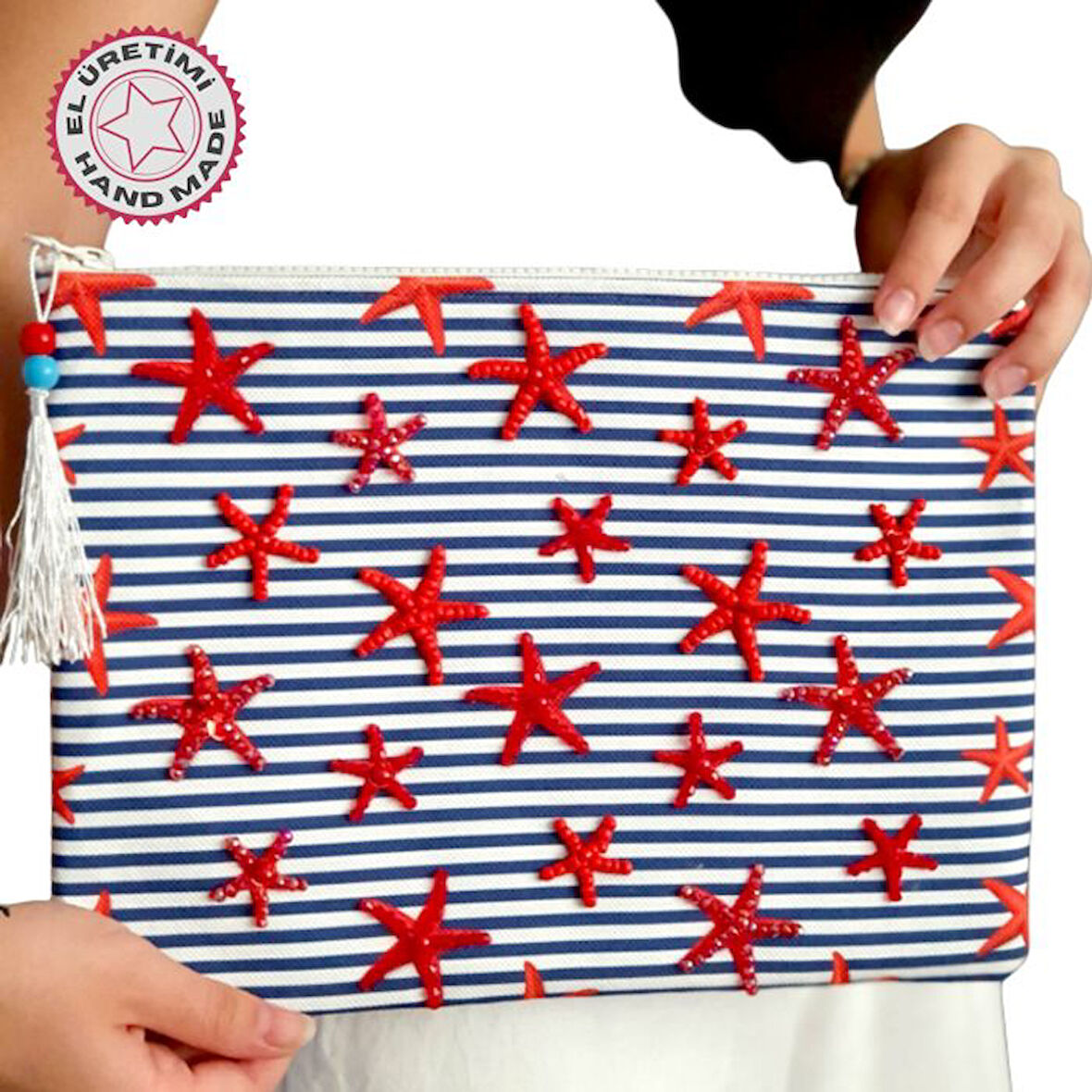 Uretti - Sümeyya 2589 2454 El Yapımı Deniz Yıldızlı Boncuk İşlemeli Çizgili Model Clutch Çanta