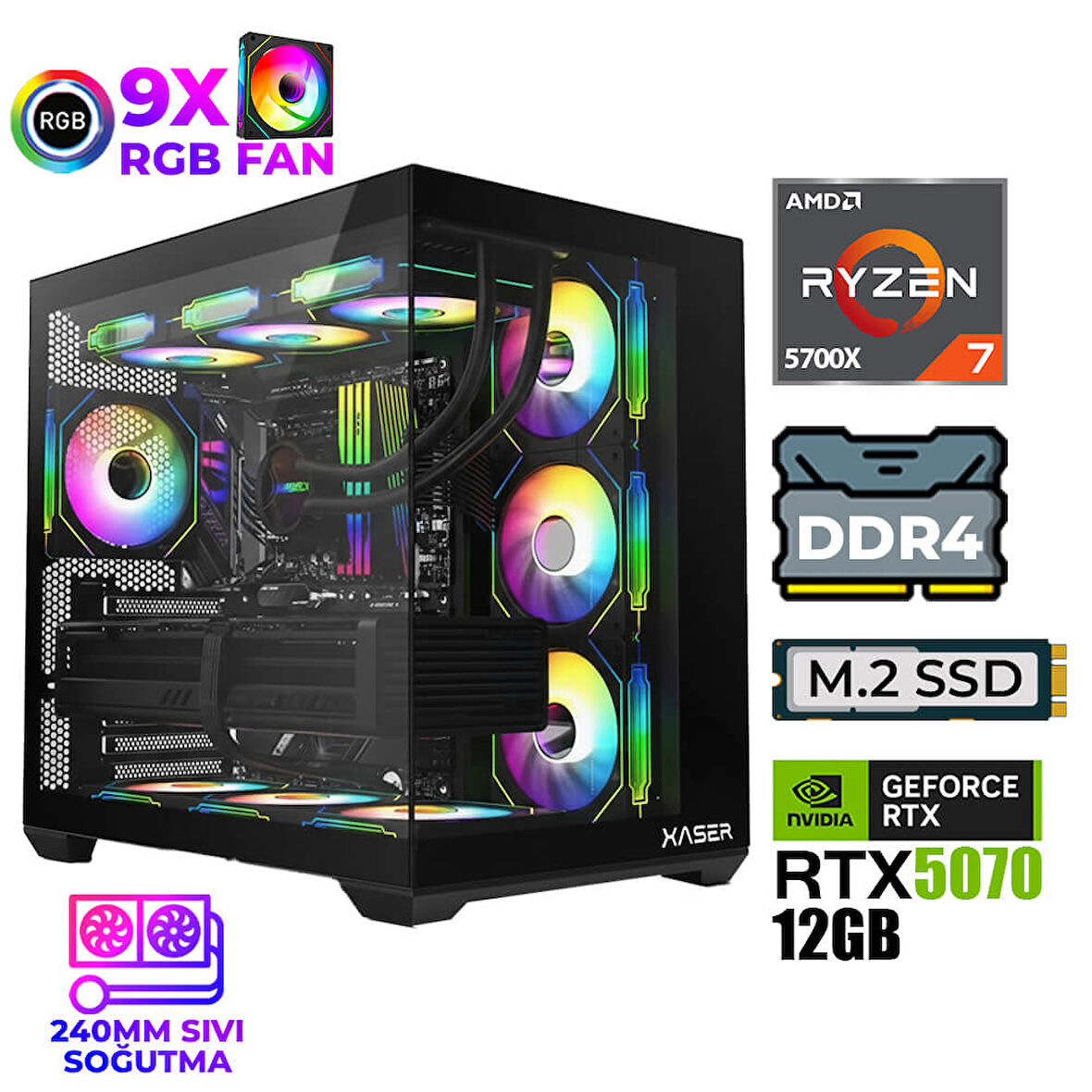 Xaser Master x5 Ryzen 7 5700X 32GB Ram 1TB M.2 NVMe SSD 12GB RTX5070 Sıvı Soğutmalı Oyuncu Bilgisayarı