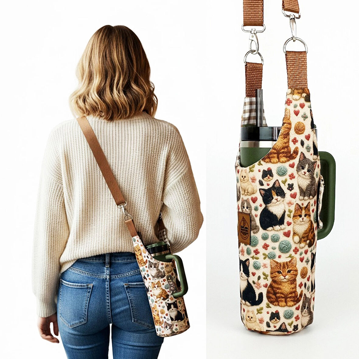 Woodycord El Yapımı 3D Kedi Desenli Matara Termos Kılıfı Kulplu Model Quencher Pipetli 1,18