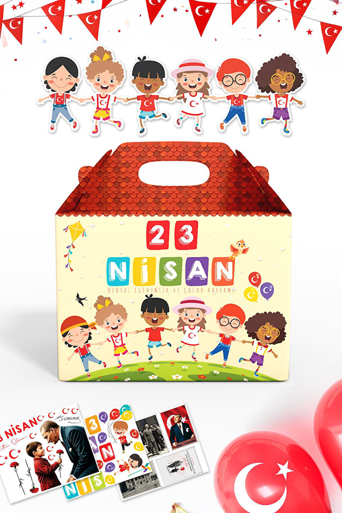 23 Nisan Hediye Kutusu, Özel Tasarım 8 adet Çocuk Bayramı Hediye Kutusu 44 Mini Sticker ve Çocuk Süs
