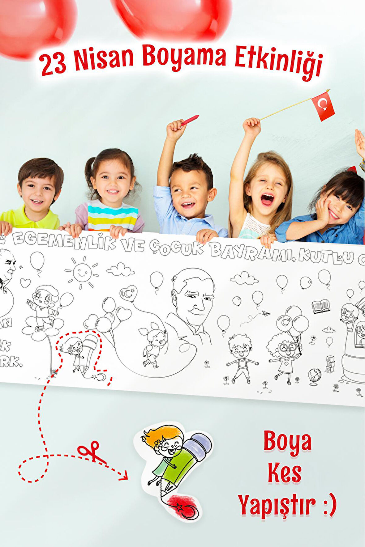 23 Nisan Çocuk Bayramı Dev Boyama Rulosu, Yapışkanlı Folyo Üzeri 23 Nisan Boyama 2 Metre Bas Kes