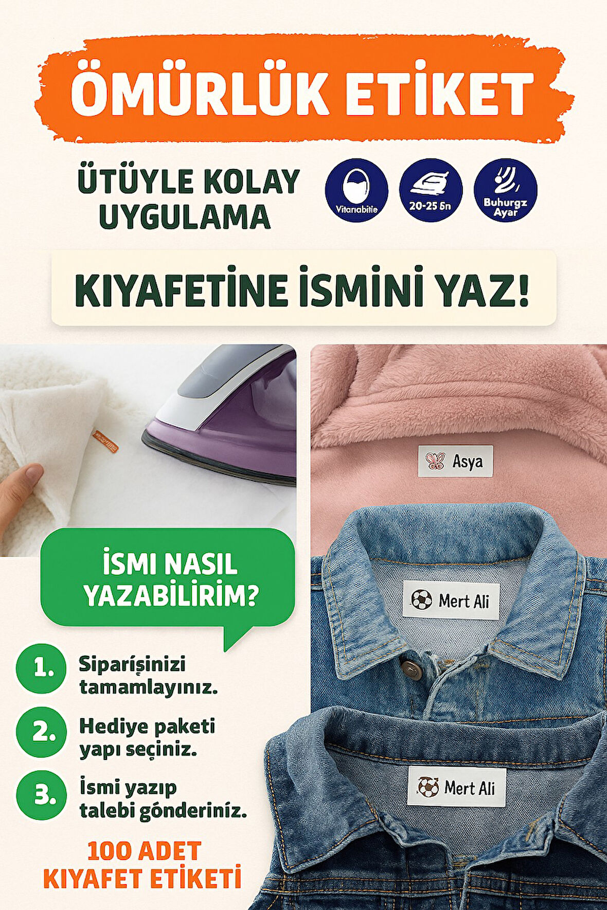Kıyafet Etiketi - Okul Kıyafetlerine Kişiye Özel 30 Saniyede Kolay Uygulama Yıkamaya Dayanıklı