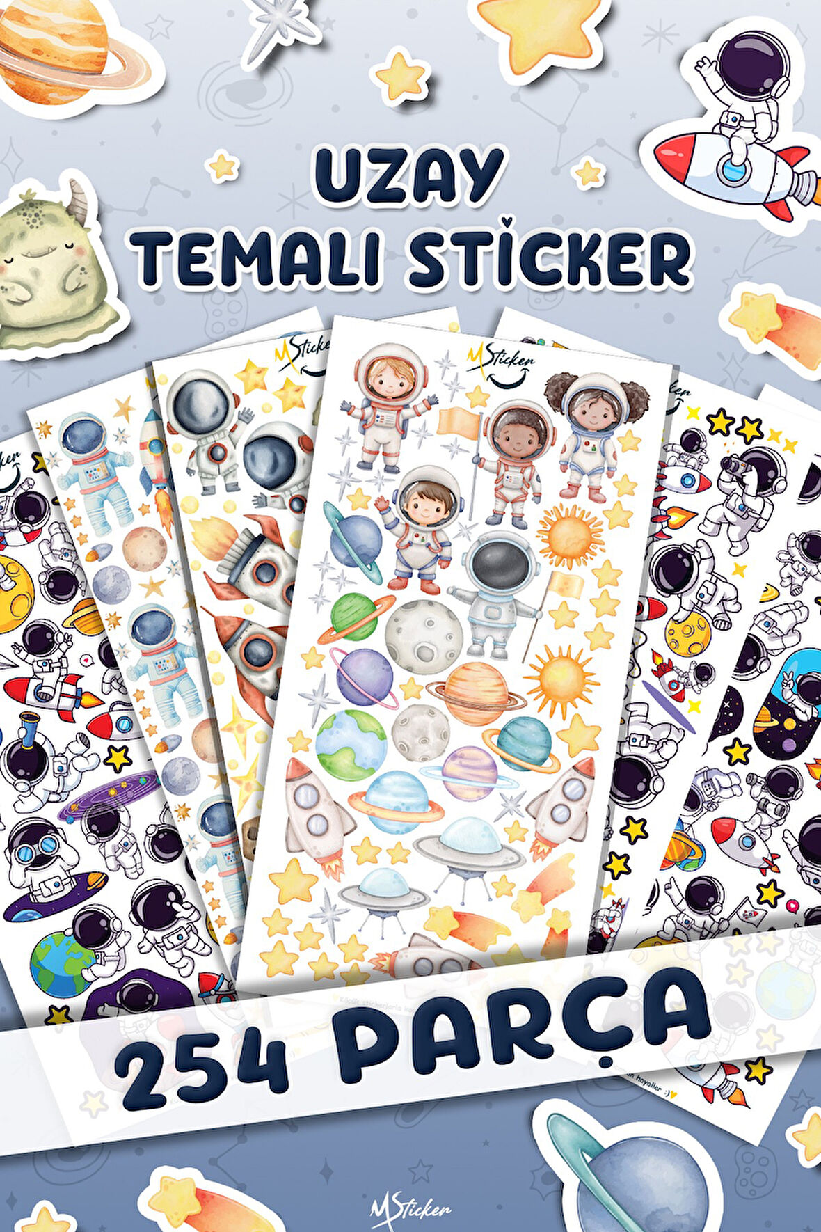254 Adet Uzay Temalı Sticker Seti - Kalem Suluk Defter Cam Masa Laptop Tablet Sticker Suya Dayanıklı