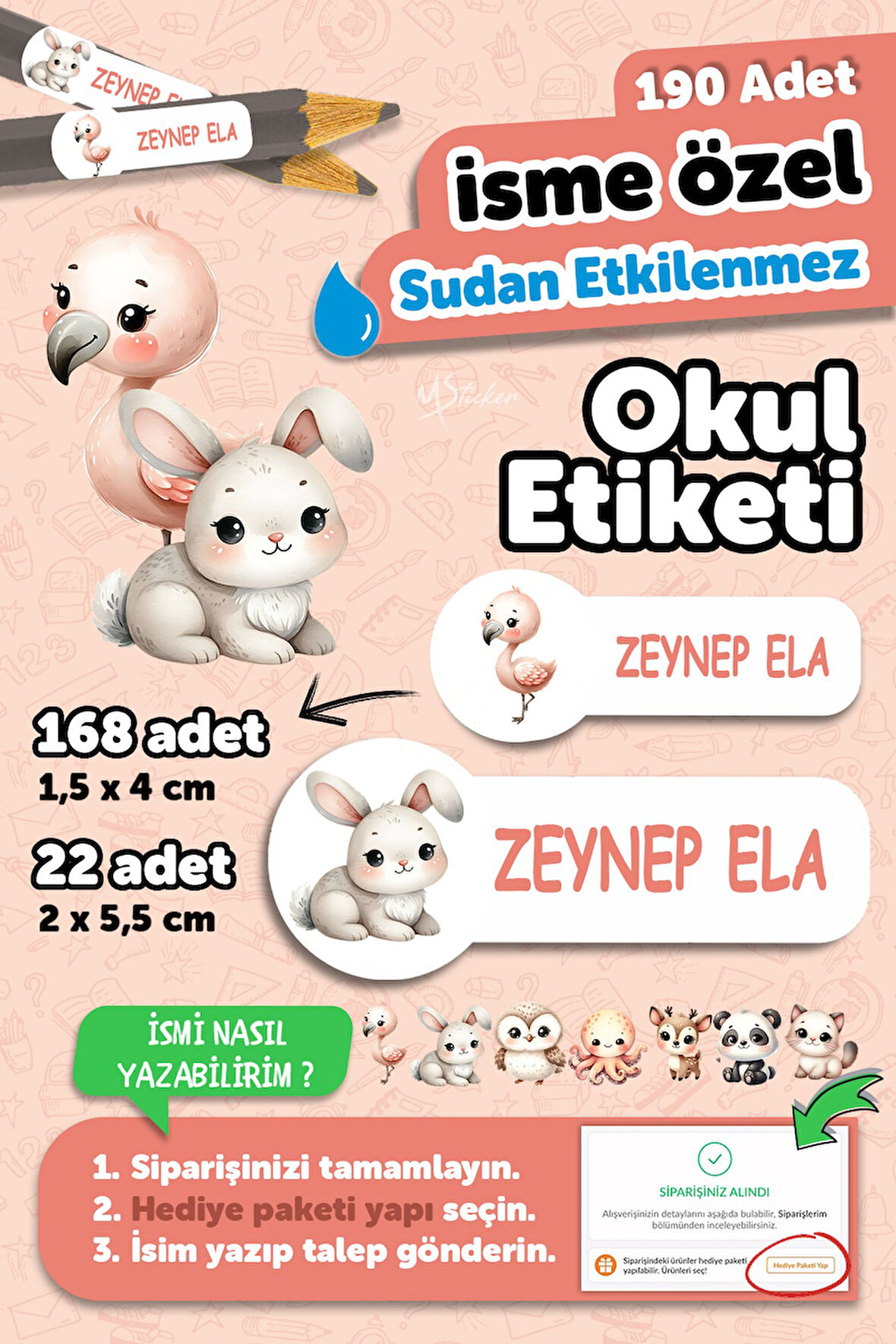 Okul Etiketi Kalem Defter isimli Etiket Isim Yazılabilen Tatlı Hayvanlar - 190 Adet Özel Tasarım