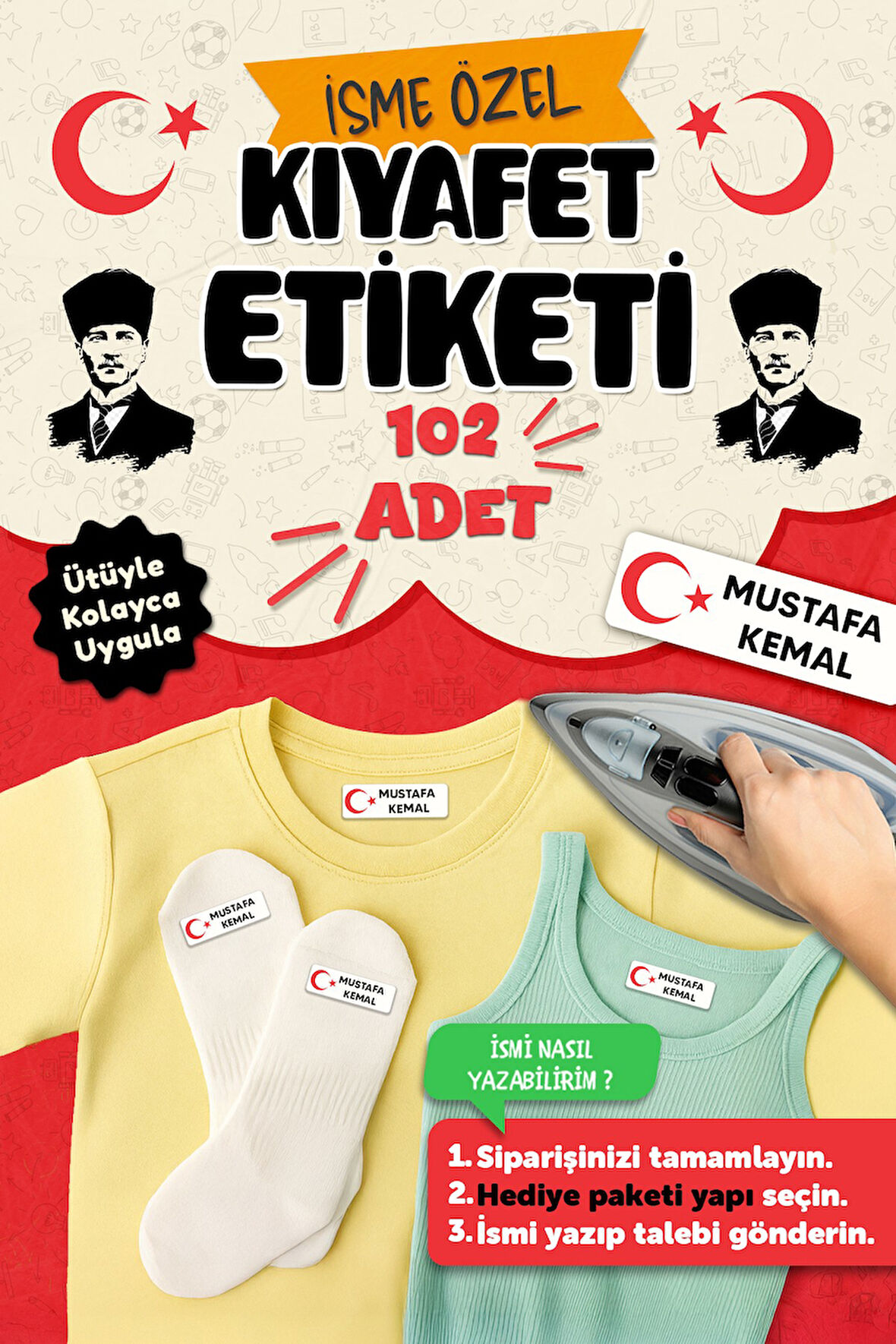 Kıyafet Etiketi - Okul Kıyafetlerine Kişiye Özel 30 Saniyede Kolay Uygulama Yıkanabilir Ay Yıldız