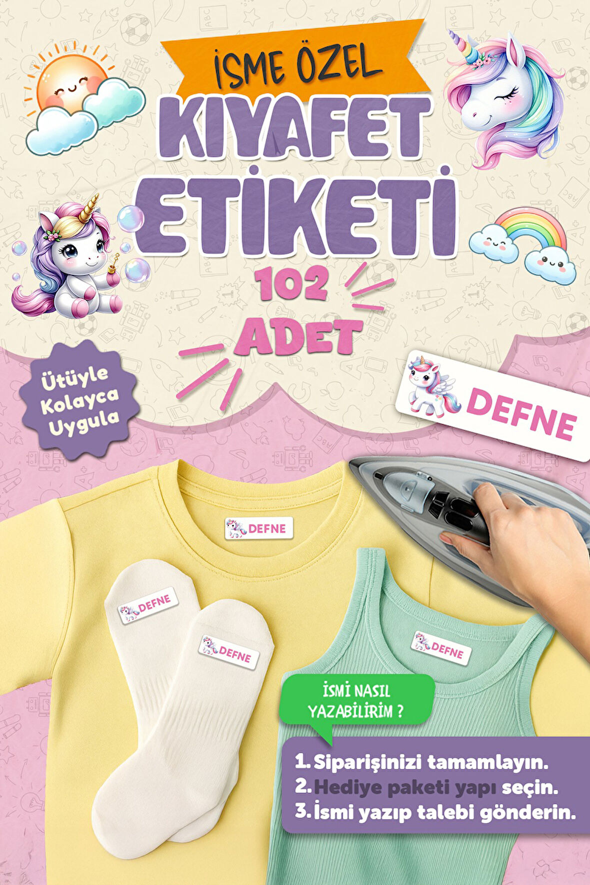 Kıyafet Etiketi - Okul Kıyafetlerine Kişiye Özel 30 Saniyede Kolay Uygulama Yıkanabilir - Unicorn 2