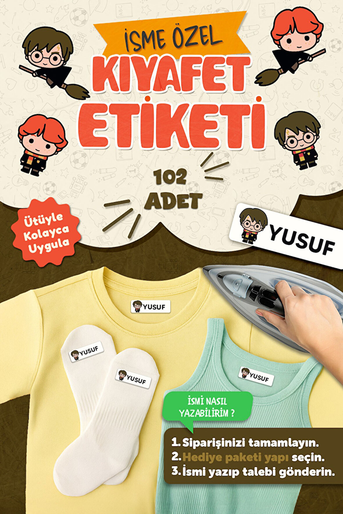 Kıyafet Etiketi - Okul Kıyafetlerine Kişiye Özel 30 Saniyede Kolay Uygulama Yıkanabilir - Harry