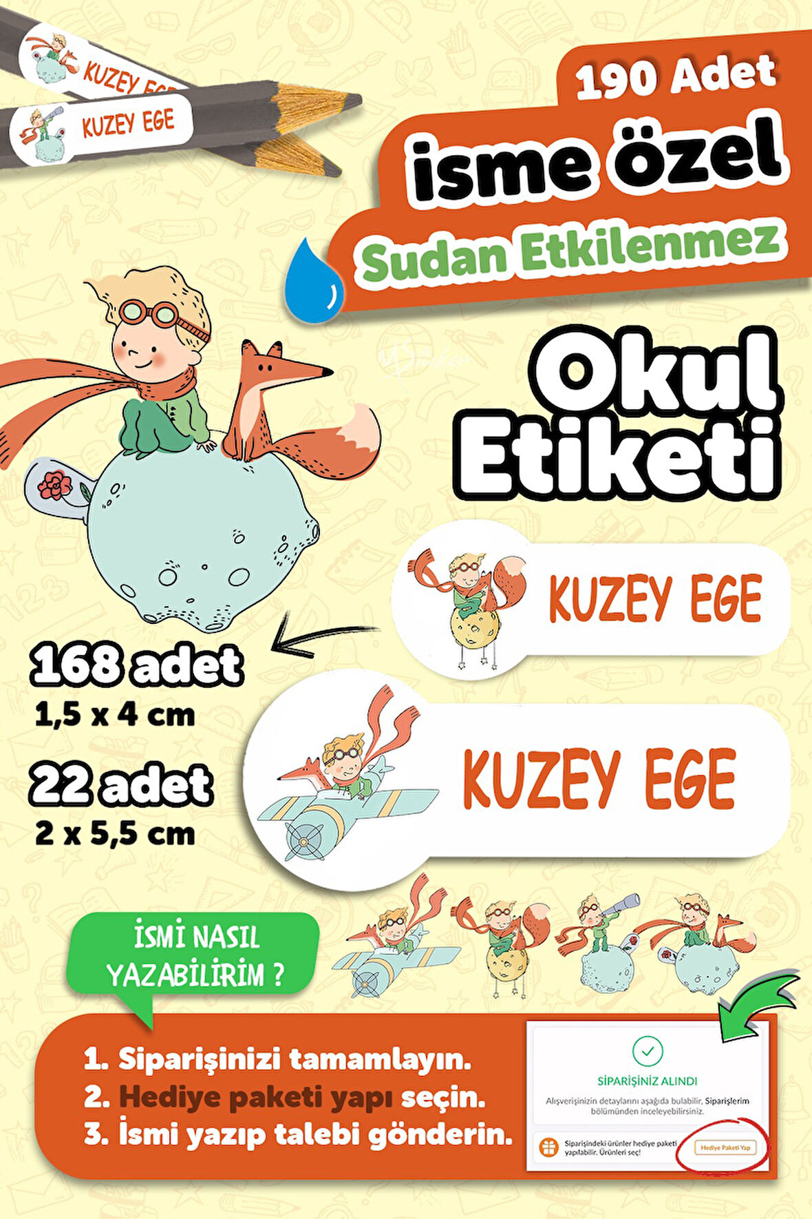 Okul Etiketi Kalem Defter isimli Etiket Isim Yazılabilen Küçük Prens- 190 Adet Özel Tasarım Etiket