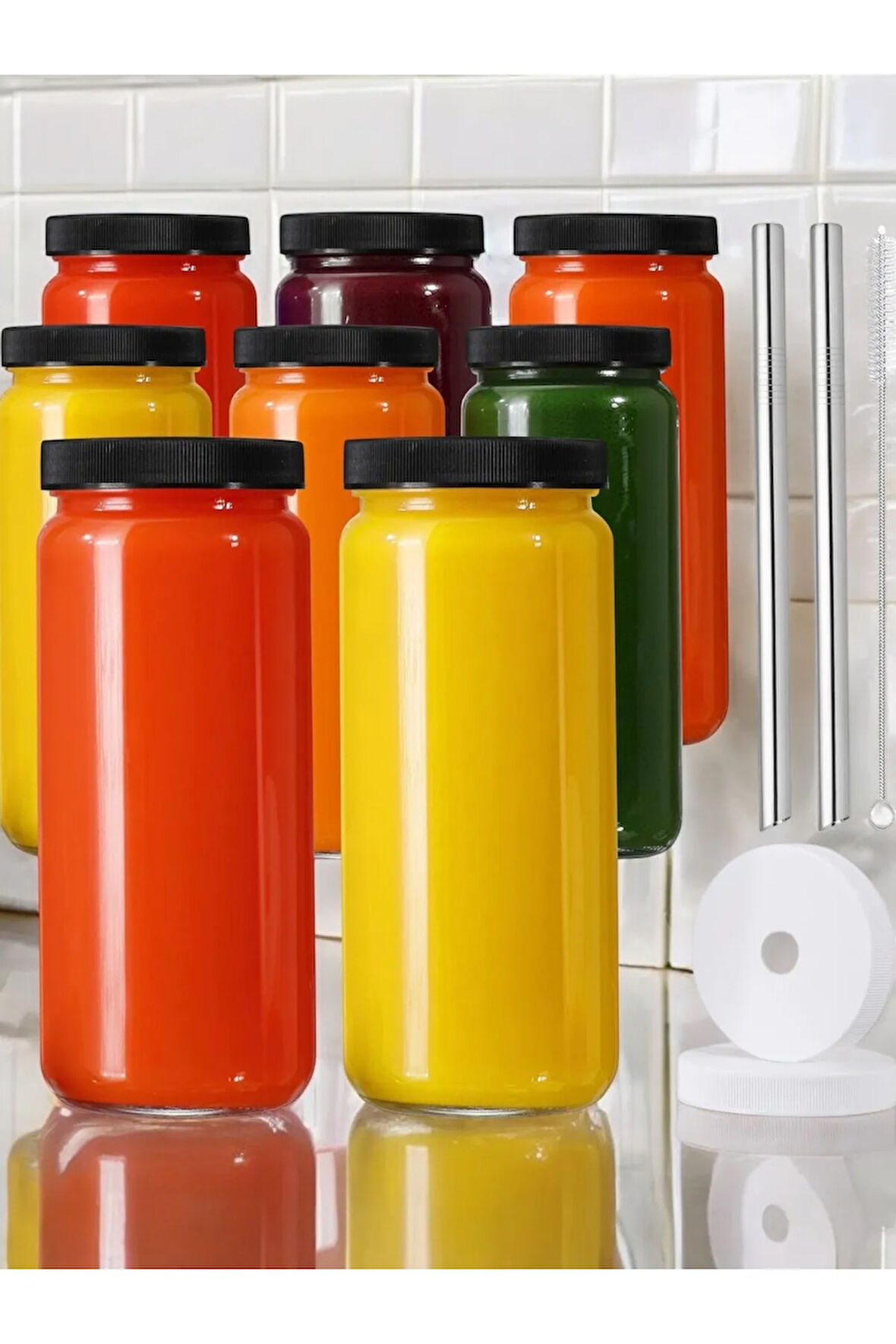 2 Adet 480ml ( 2 Pipet ,4 Kapak , 1 Fırça) Çelik Pipetli Cam Bardak Meyve Suyu Kavanoz