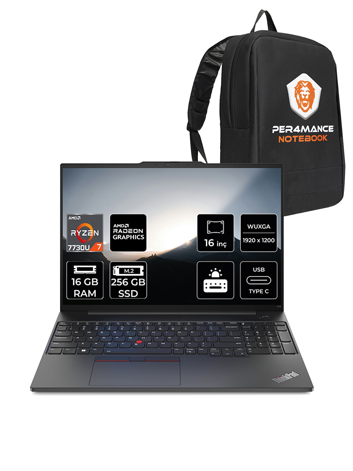 Lenovo ThinkPad E16 AMD Ryzen 7 7730U 16GB 256GB SSD 16" FHD FDOS Taşınabilir Bilgisayar & PER4 Çanta